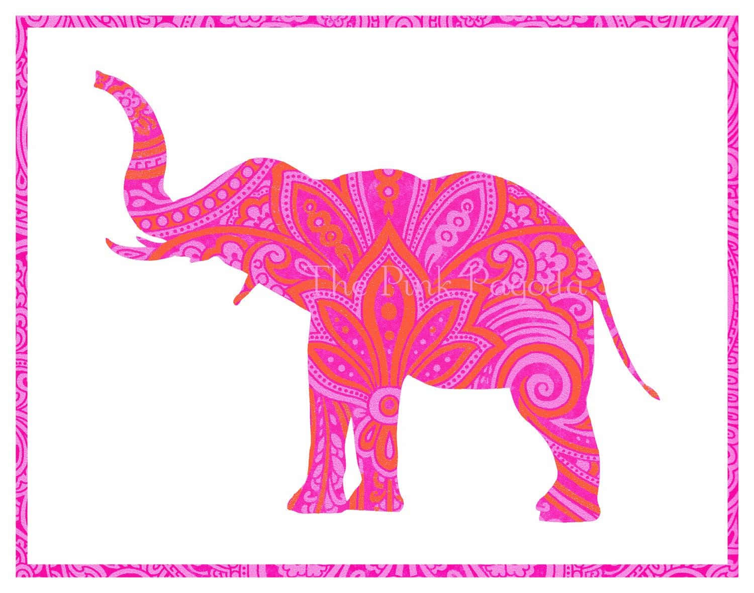 Pink Elephant 桌布 壁紙 — 充滿活力的粉紅色和橙色大象剪影，飾有複雜的曼陀羅圖案，並以相配的華麗邊框框起。