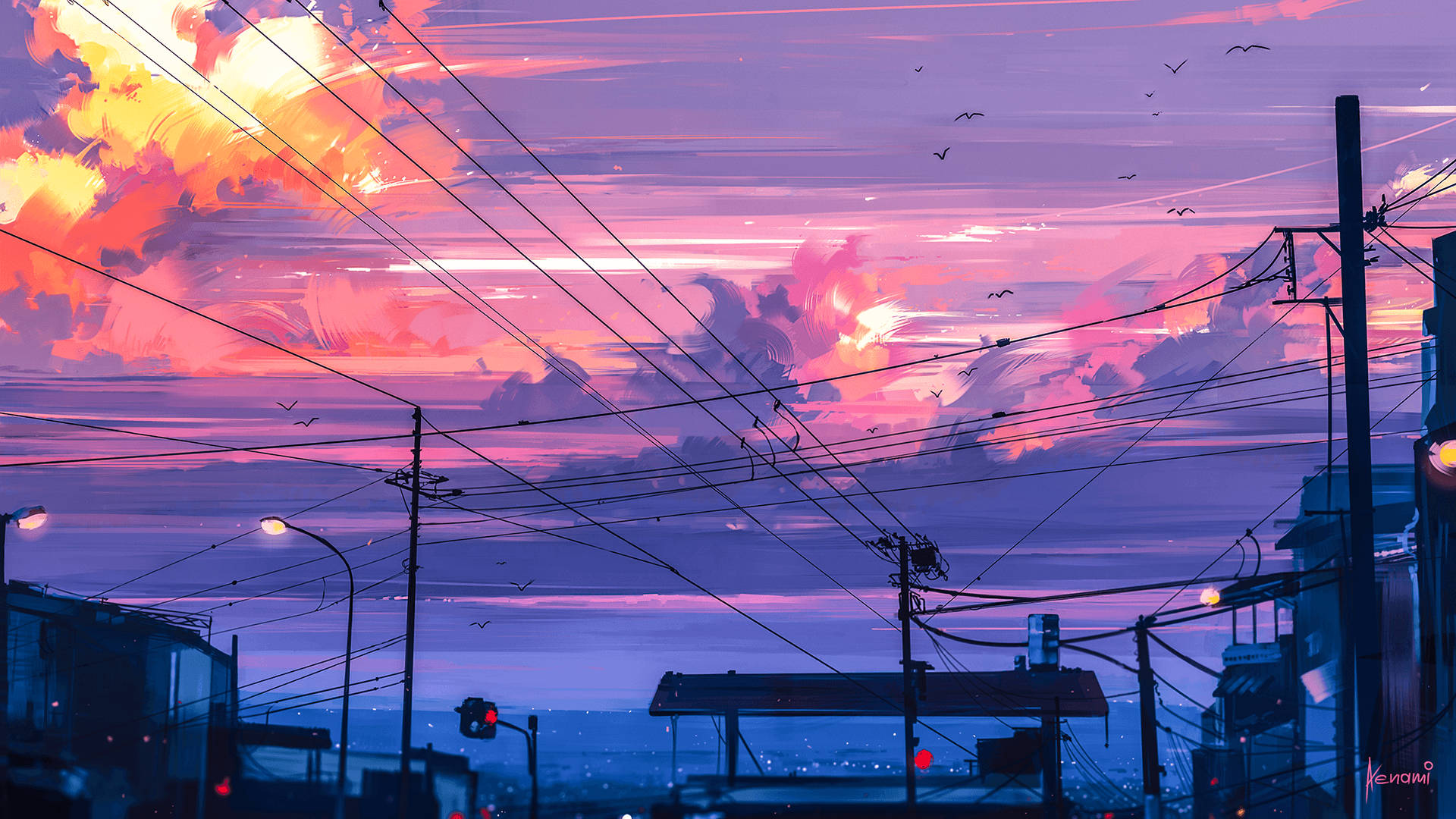 日落 桌布 壁紙 — 充滿活力的粉紅色和橙色日落雲彩劃過城市天際線，由剪影般的電線和路燈框住。