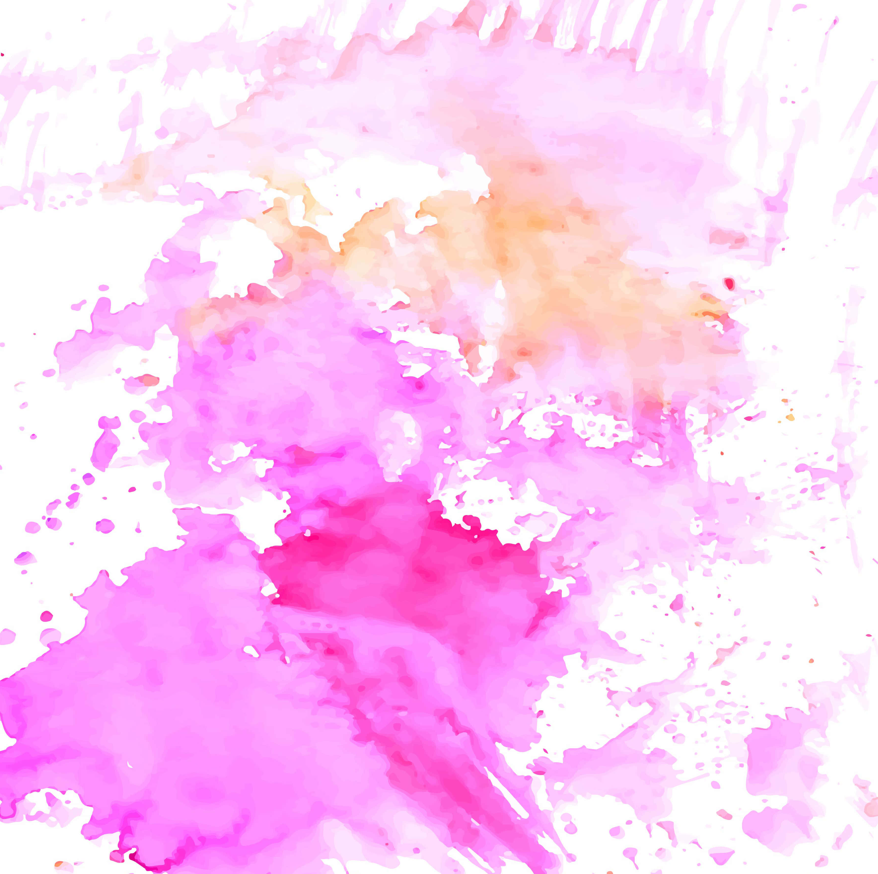 Pink Watercolor 桌布 壁紙 — 充滿活力的粉紅色和橙色水彩潑濺在白色背景上融合，帶有紋理筆觸和滴落。