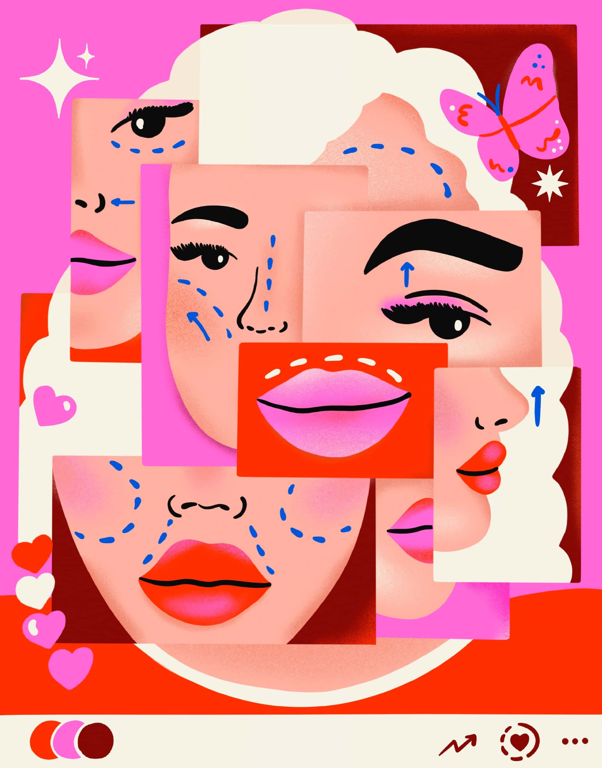 Instagram 桌布 壁紙 — 充滿活力的粉紅色和紅色插圖拼貼畫，描繪了帶有美人痣和心形的碎片化女性面部特徵。