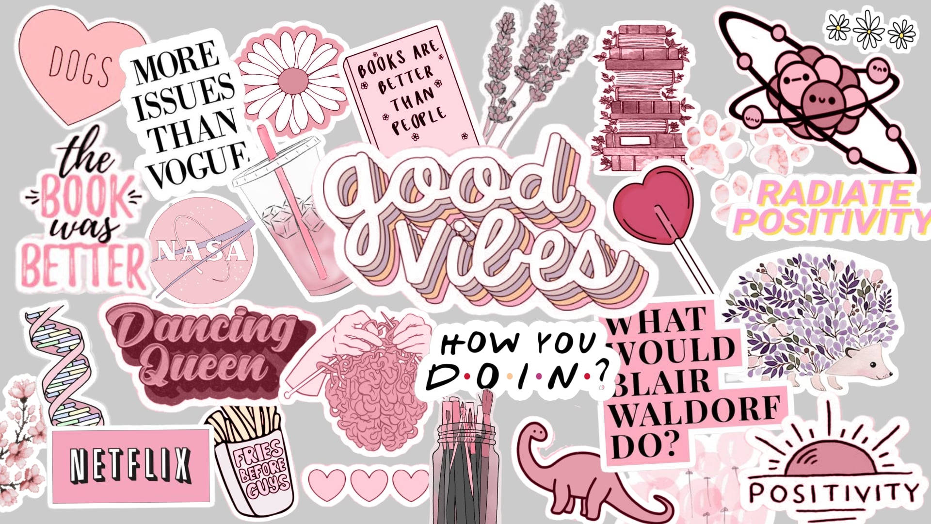 Pinterest Aesthetic 桌布 壁紙 — 充滿活力的粉紅色和紫紅色貼紙拼貼，包含名言、書籍、寵物和積極主題，背景為灰色。