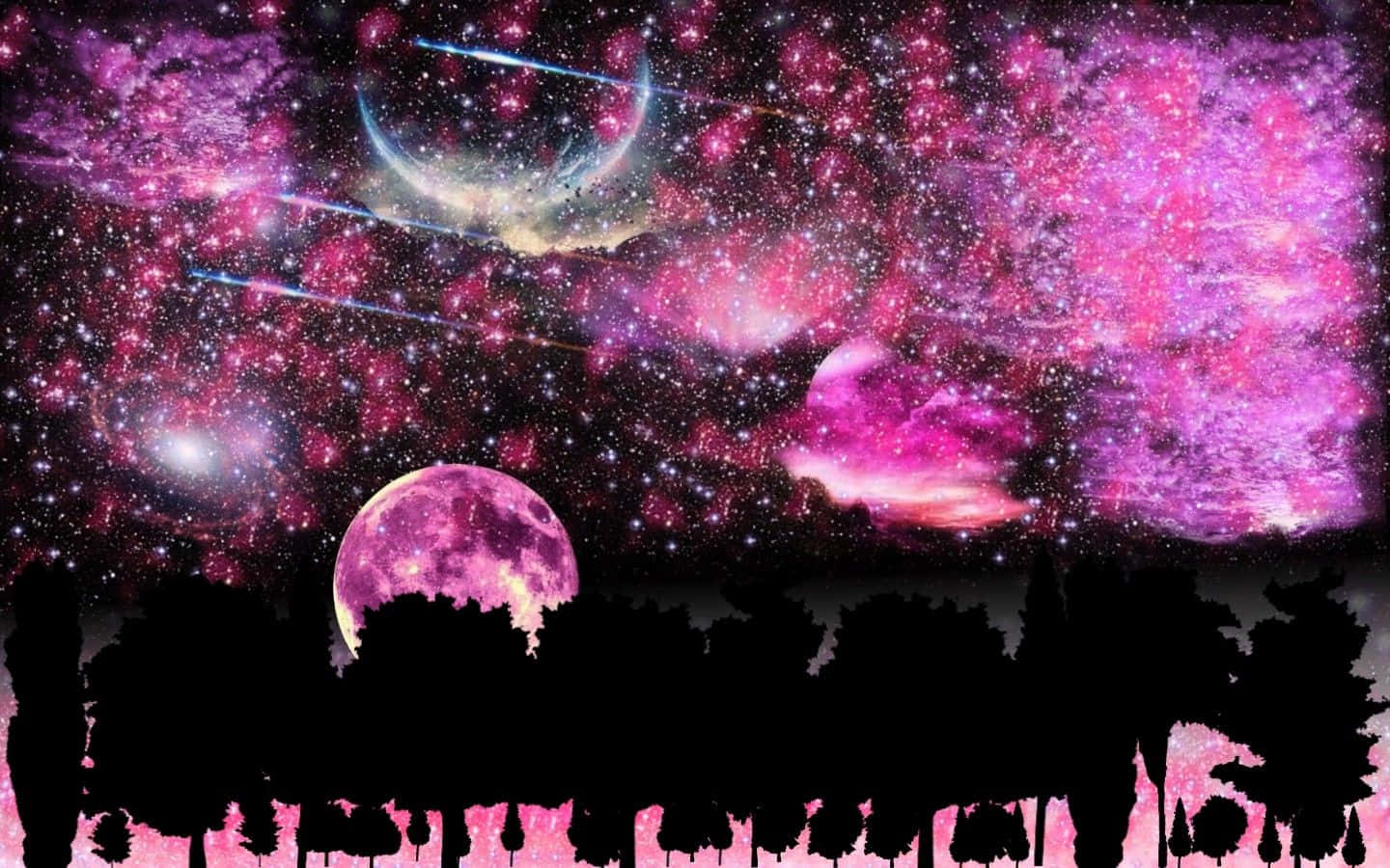 月亮與星星 桌布 壁紙 — 充滿活力的粉紅色和紫色宇宙天空，發光的星雲和一個大月亮勾勒出下方森林的輪廓。