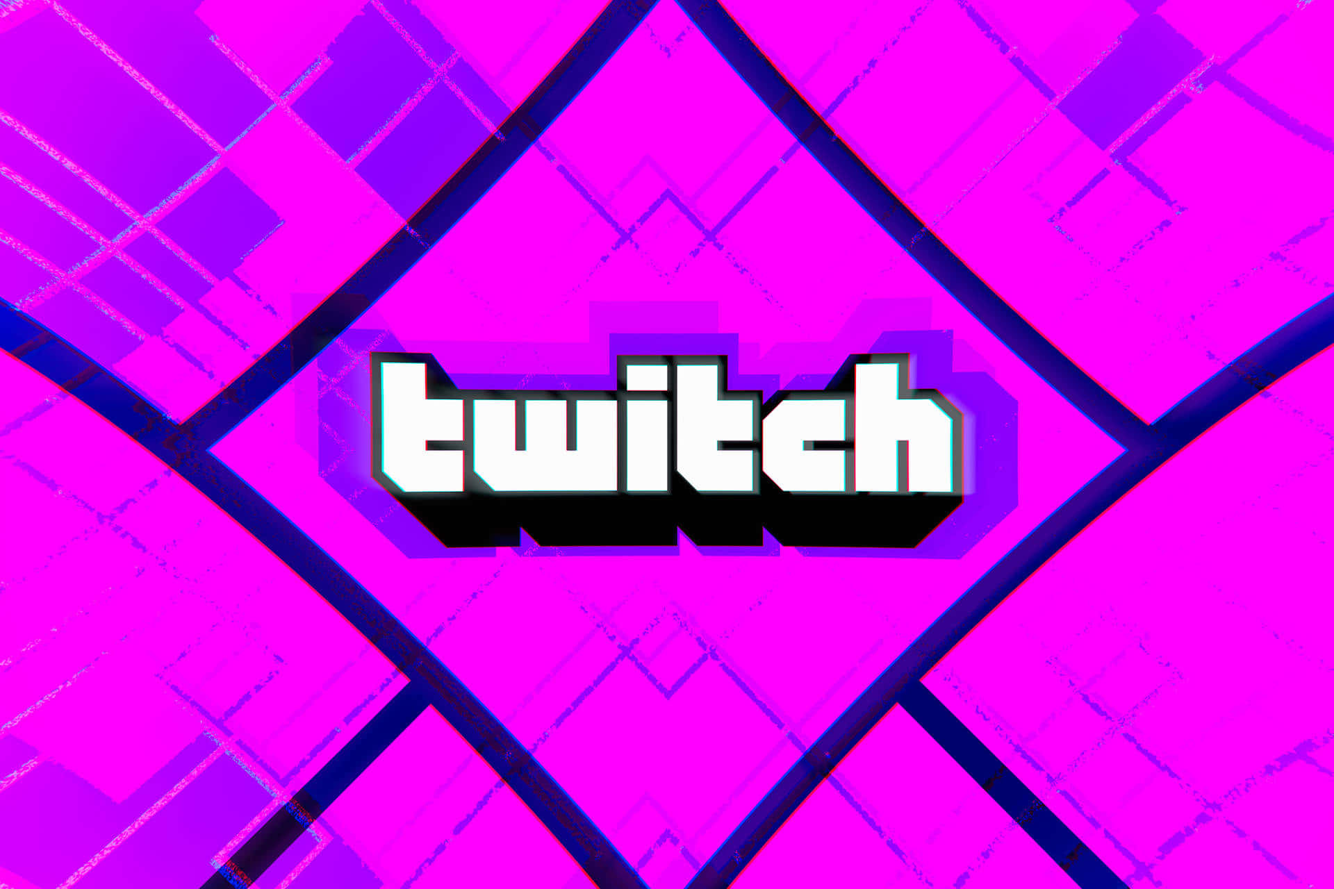 桌布 壁紙 — 充滿活力的粉紅色和紫色幾何圖案，帶有故障效果的 Twitch 標誌居中，以粗體白色文字顯示。