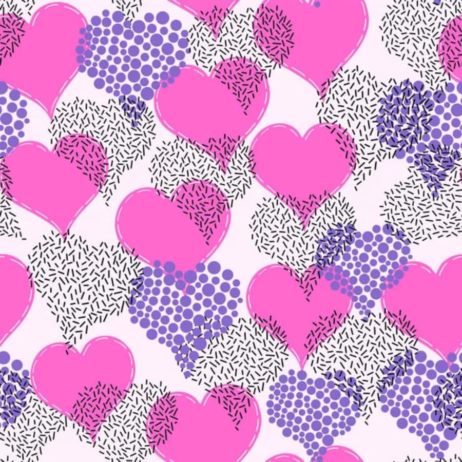 Heart Pattern 桌布 壁紙 — 充滿活力的粉紅色和紫色心形，帶有圓點和灑落圖案，在淺色背景上以俏皮的復古風格重複。