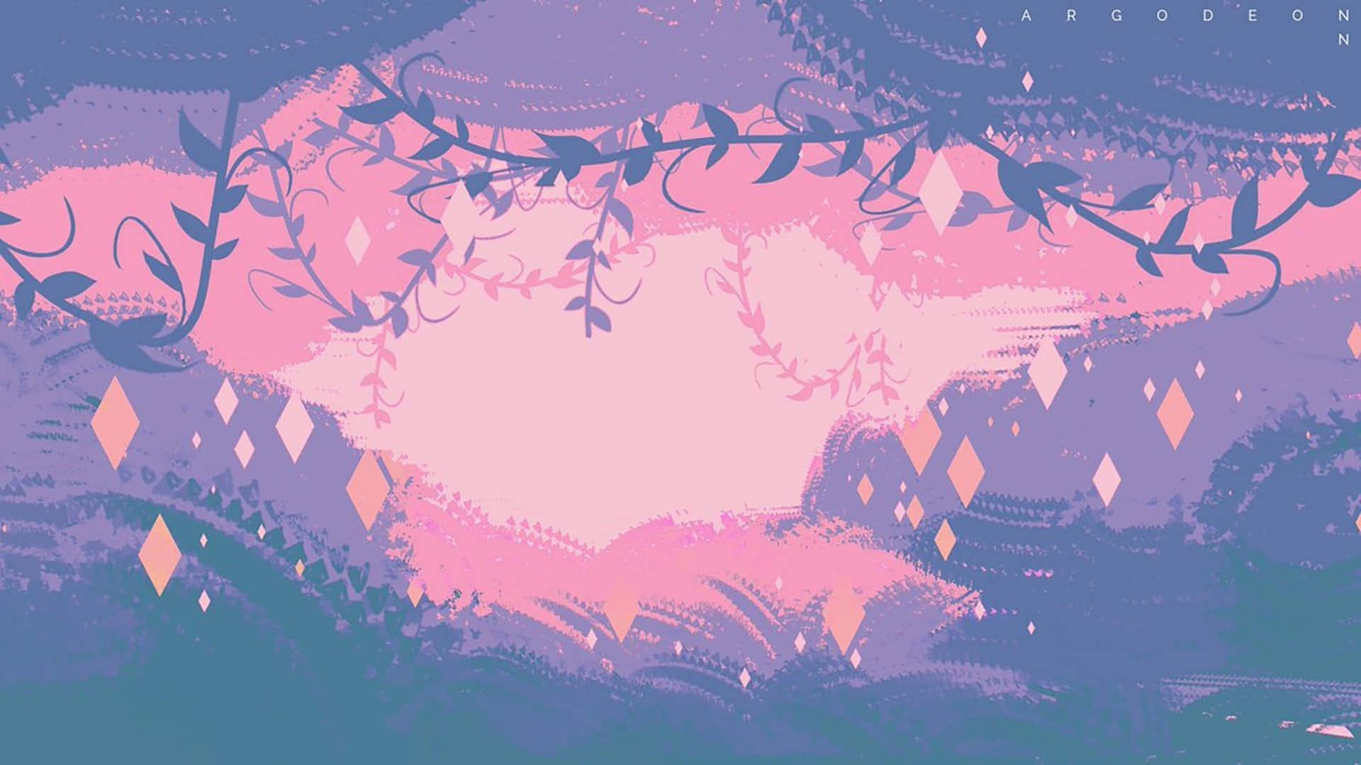 桌布 壁紙 — 充滿活力的粉紅色和紫色抽象風景，帶有風格化的藤蔓和鑽石形狀，襯托出紋理筆觸。