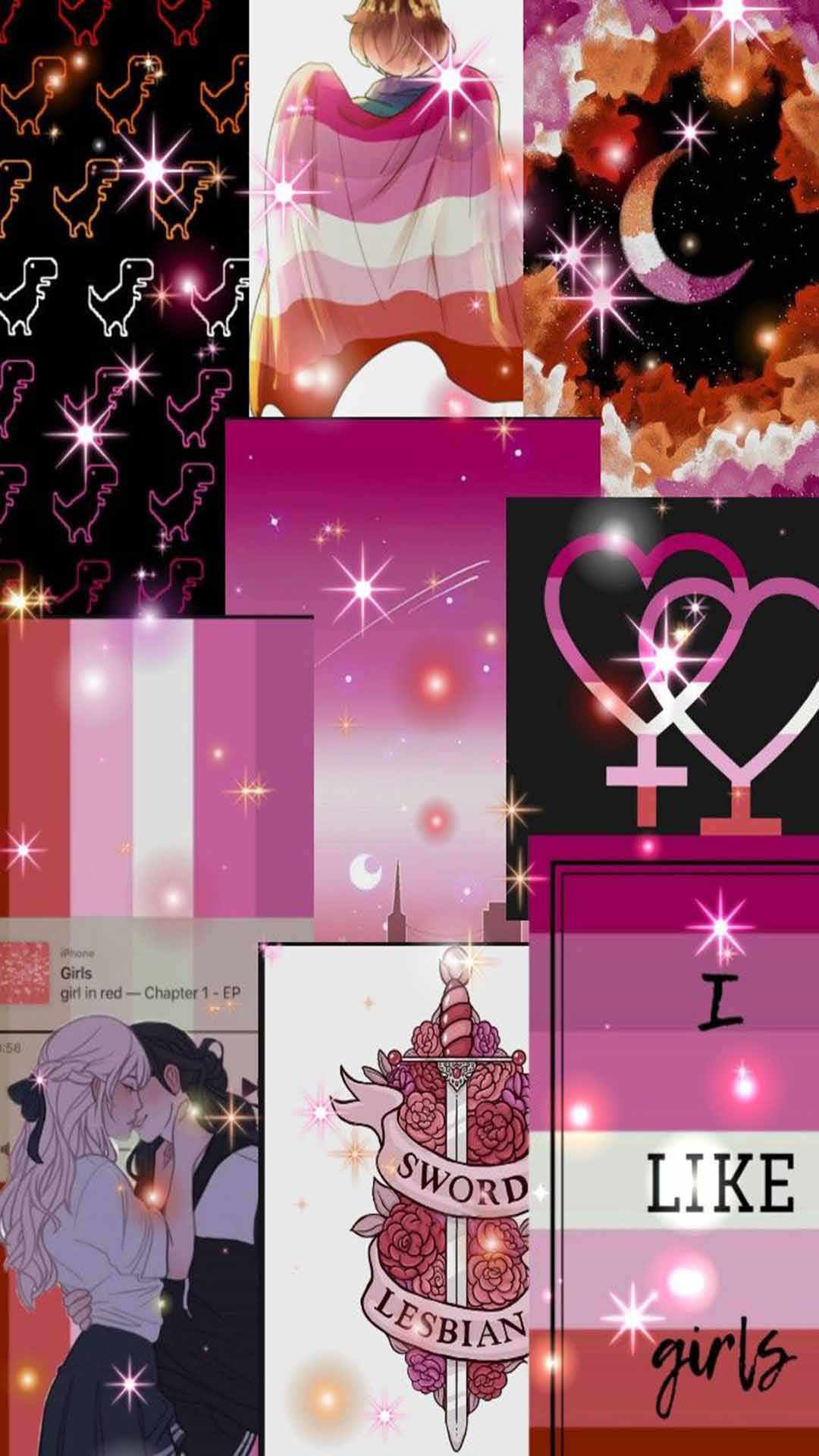驕傲 桌布 壁紙 — 充滿活力的粉紅色和紫色拼貼畫， featuring 動漫女孩、女同性戀驕傲符號和閃爍的閃光，背景為宇宙和圖案。