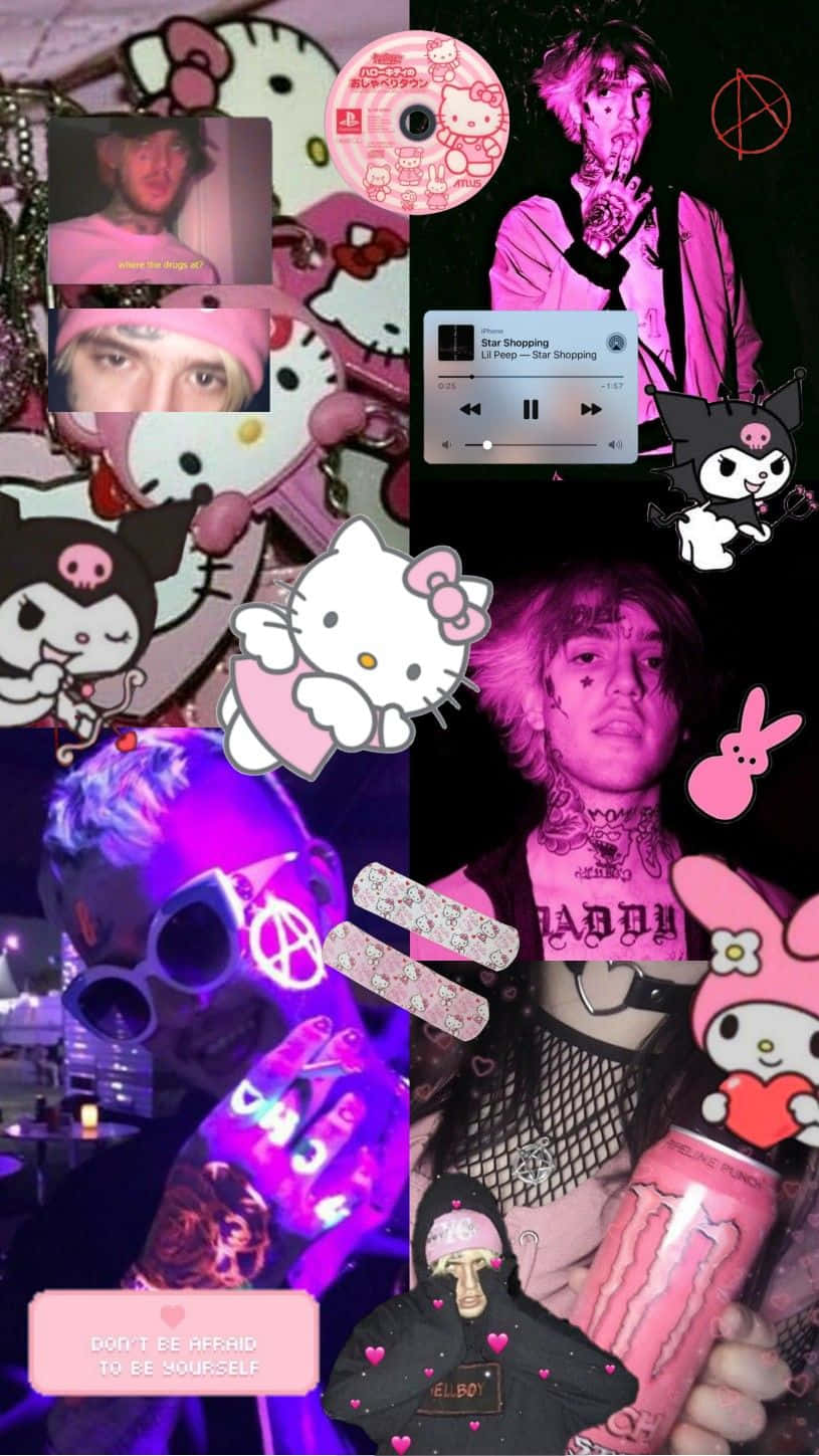 Emo Hello Kitty 桌布 壁紙 — 充滿活力的粉紅色和紫色拼貼畫，以動漫角色、名人照片和流行文化圖標為特色，具有叛逆美學。