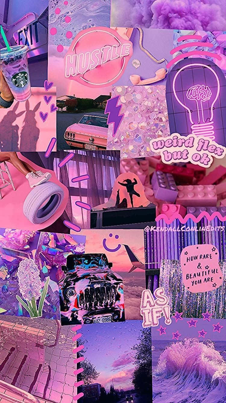Aesthetic Purple 桌布 壁紙 — 充滿活力的粉紅色和紫色拼貼畫，包含星巴克飲料、復古汽車、大腦燈泡和勵志名言，呈現年輕美學。