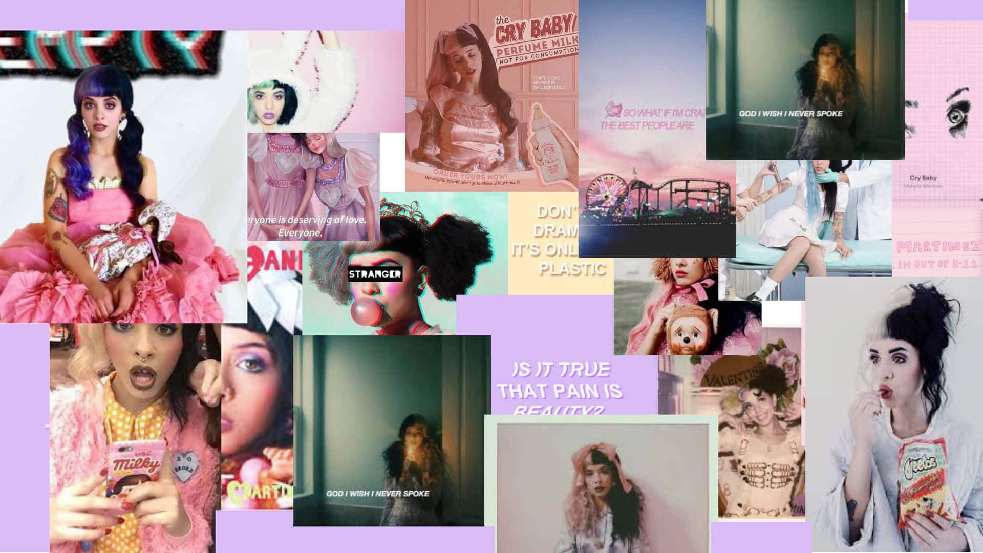Melanie Martinez 桌布 壁紙 — 充滿活力的粉紅色和紫色拼貼畫，展現流行文化時刻， featuring 一位年輕女性以各種富有表現力的姿勢和服裝出現。