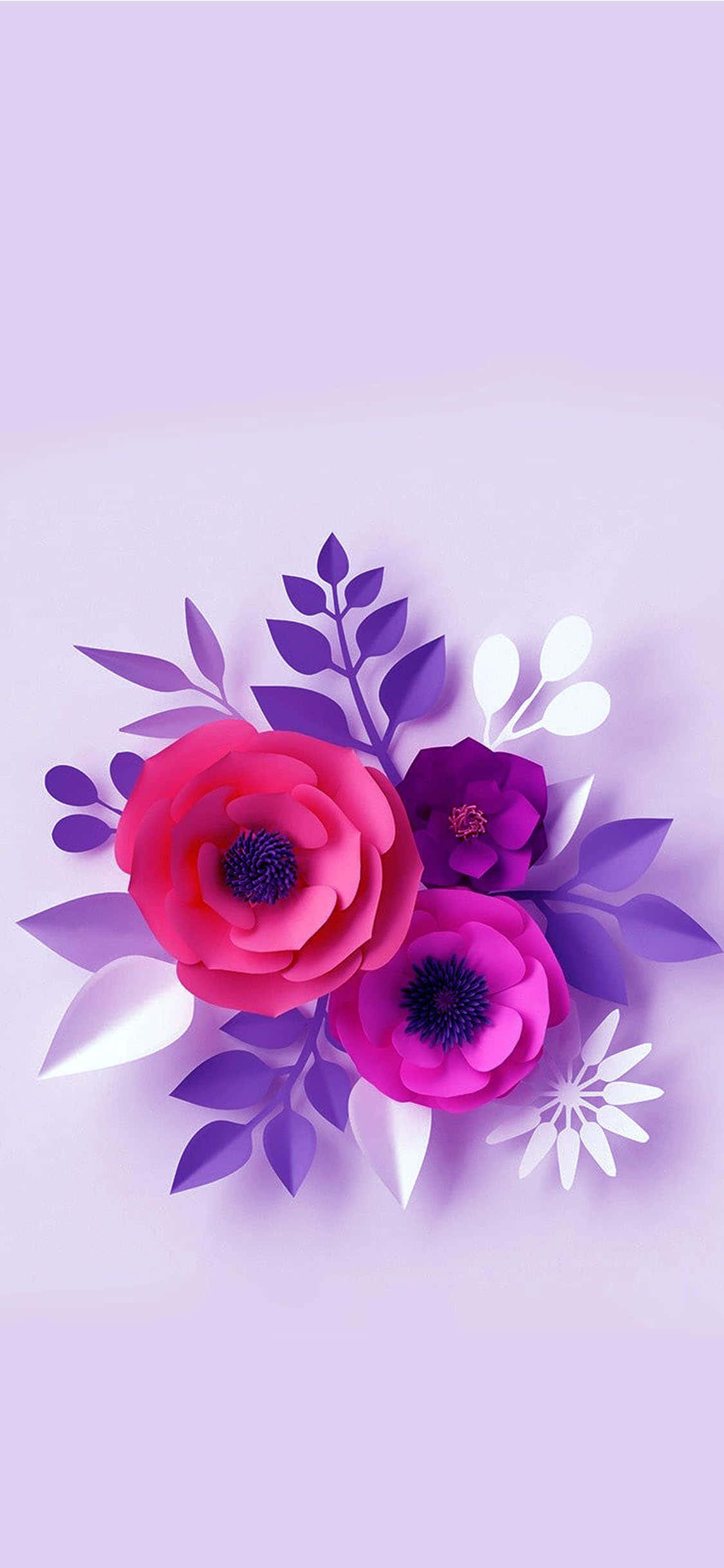 iPhone Flowers 桌布 壁紙 — 充滿活力的粉紅色和紫色紙藝花卉在柔和的薰衣草背景上綻放。