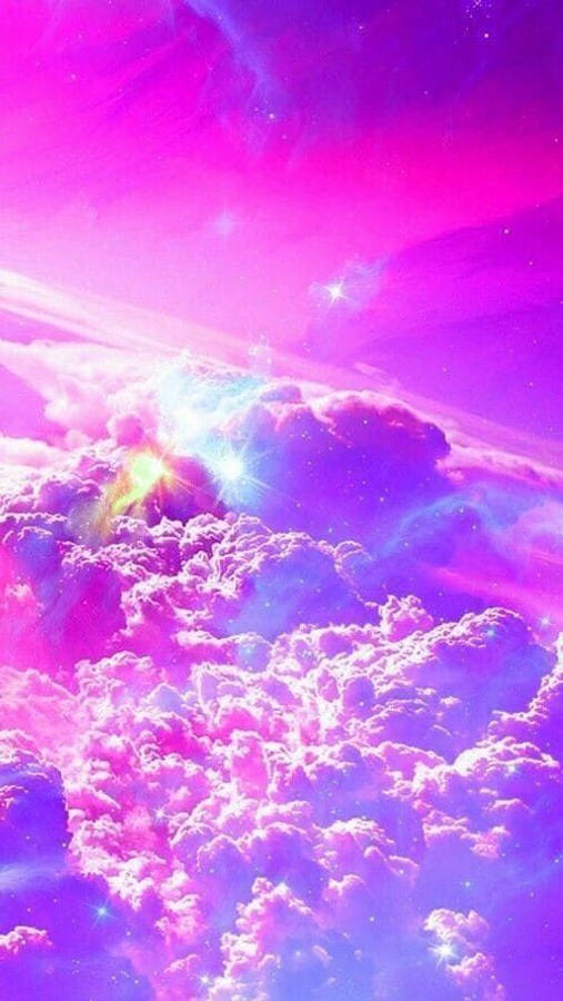 Cloud Aesthetic 桌布 壁紙 — 充滿活力的粉紅色和紫色雲朵在星光下閃耀，宇宙天空中充滿了耀眼的光芒。