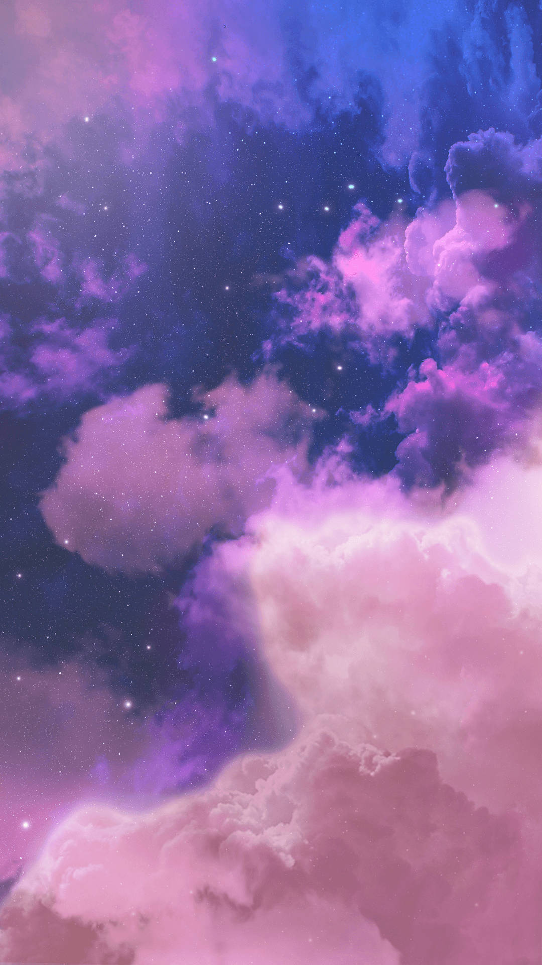 Purple Clouds 桌布 壁紙 — 充滿活力的粉紅色和紫色雲朵飄過星光燦爛的宇宙天空，散發著天體的光芒。