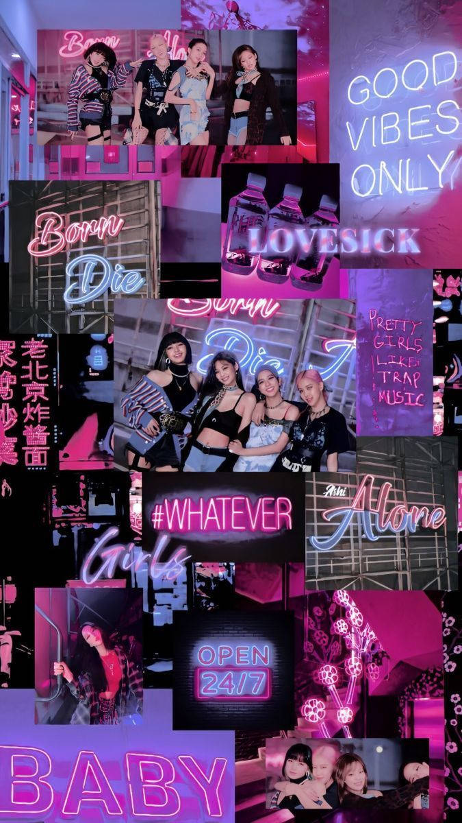 BLACKPINK 桌布 壁紙 — 充滿活力的粉紅色和紫色霓虹拼貼畫，以K-pop偶像、粗體文字和城市夜生活場景為特色。