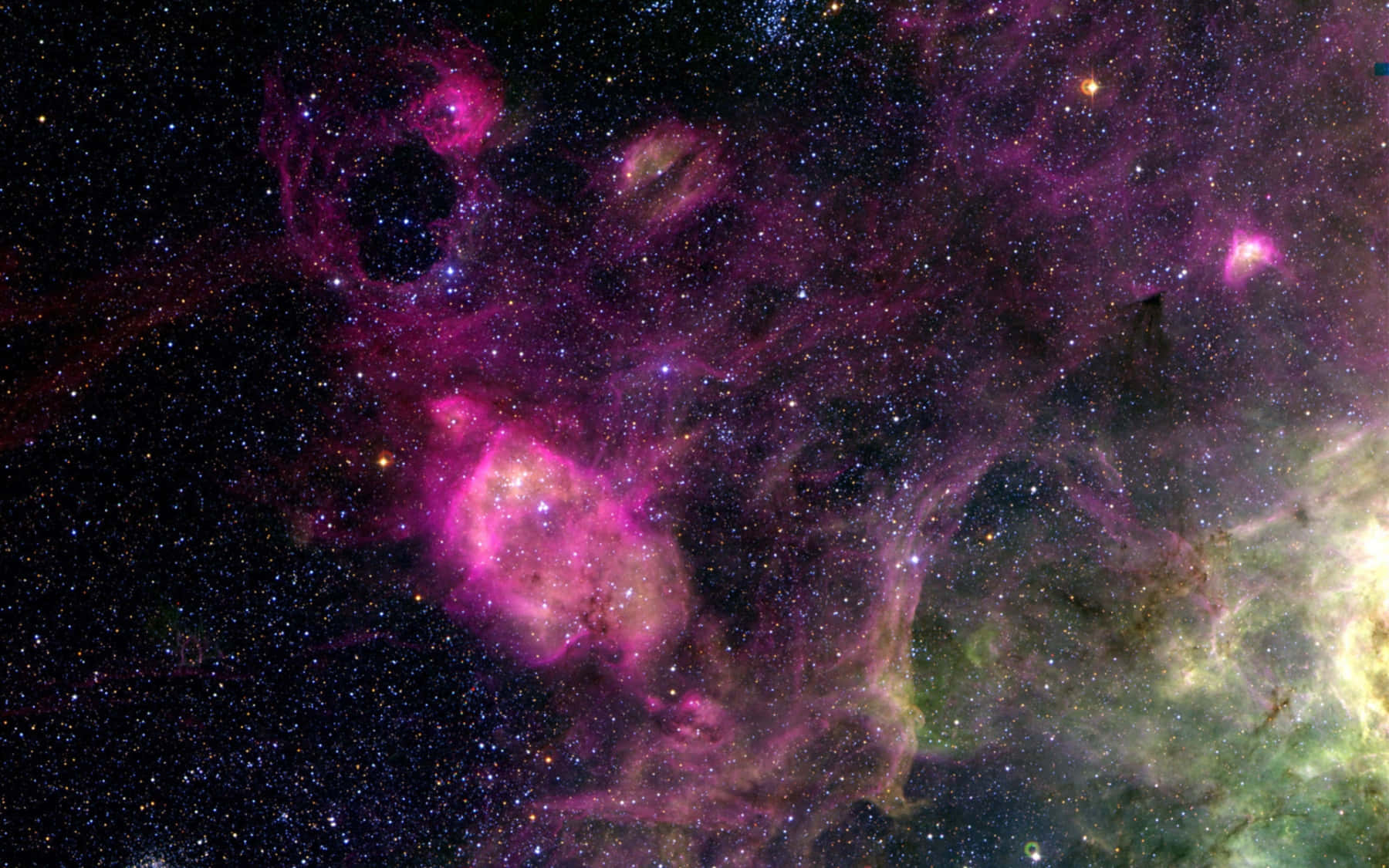 Hipster Galaxy Tumblr 桌布 壁紙 — 充滿活力的粉紅色和綠色宇宙雲在深空星雲的星場中發光。
