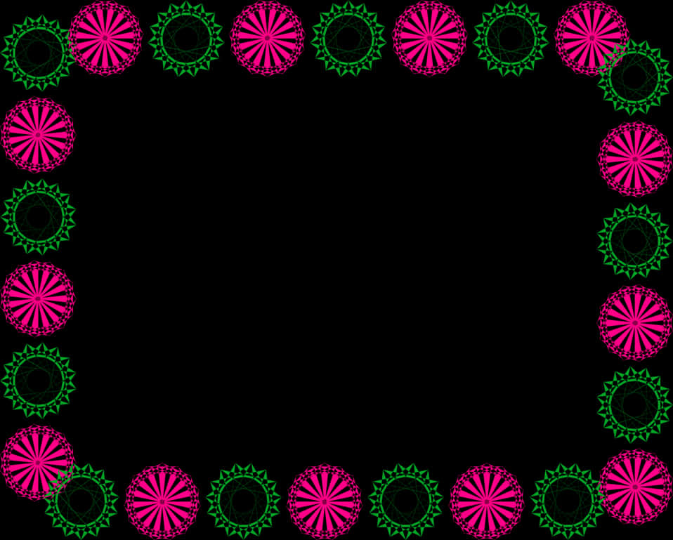 Border Line Design 桌布 壁紙 — 充滿活力的粉紅色和綠色幾何曼陀羅圖案在純黑色背景上形成發光邊框。