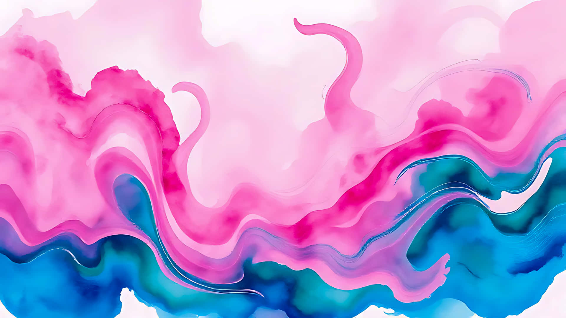 Abstract watercolor painting with pink, blue, and white flowing elements 壁紙 — 充滿活力的粉紅色和藍綠色墨水漩渦在柔和的白色背景上動態流動，形成流暢的抽象構圖。