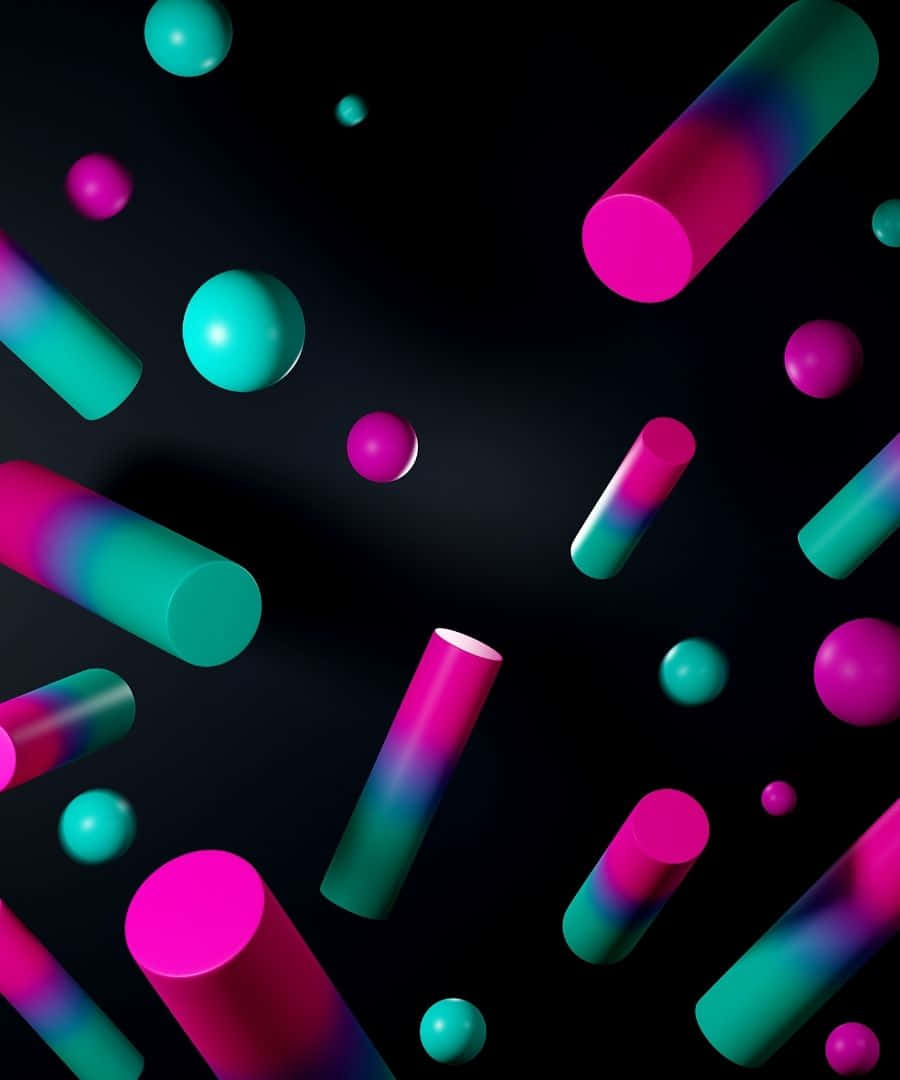 1080p 桌布 壁紙 — 充滿活力的粉紅色和藍綠色幾何圓柱體和球體在深黑色背景上動態漂浮。