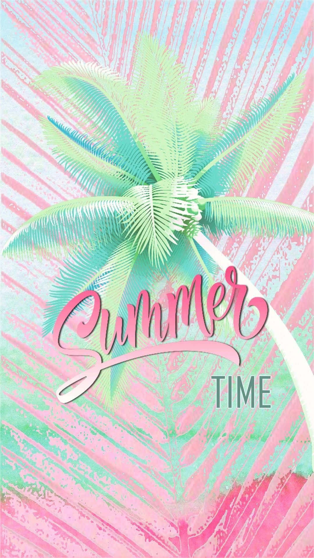 Summer iPhone 桌布 壁紙 — 充滿活力的粉紅色和藍綠色棕櫚樹圖形，帶有 'Summer Time' 文字，背景有條紋。