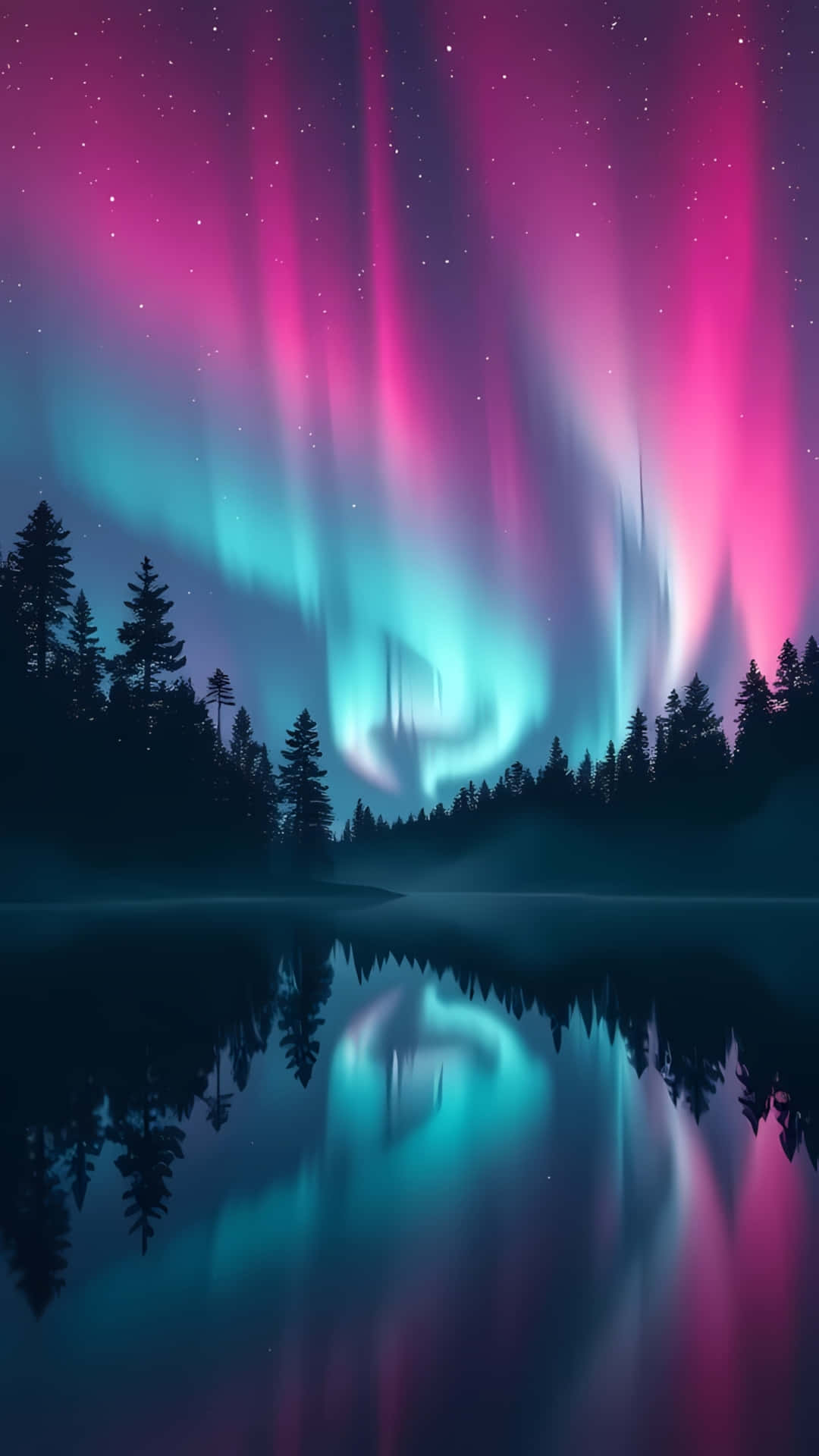 Aurora Borealis Over Silent Forest Lake 壁紙 — 充滿活力的粉紅色和藍綠色極光在繁星點點的夜空下舞動，倒映在平靜的湖面上，周圍環繞著深色的松樹。