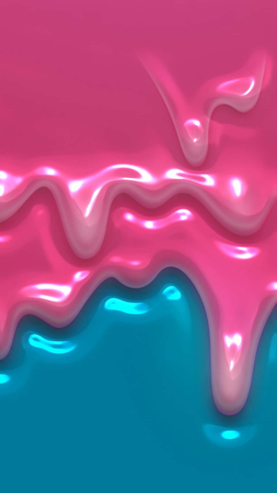 3d Girly 桌布 壁紙 — 充滿活力的粉紅色和藍綠色液體以光澤波浪流動，營造出超現實的抽象漸變。