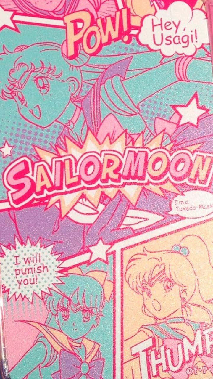 Sailor Moon iPad 桌布 壁紙 — 充滿活力的粉紅色和藍綠色漫畫面板， featuring 美少女戰士角色，帶有粗體對話氣泡和動態動作線條。