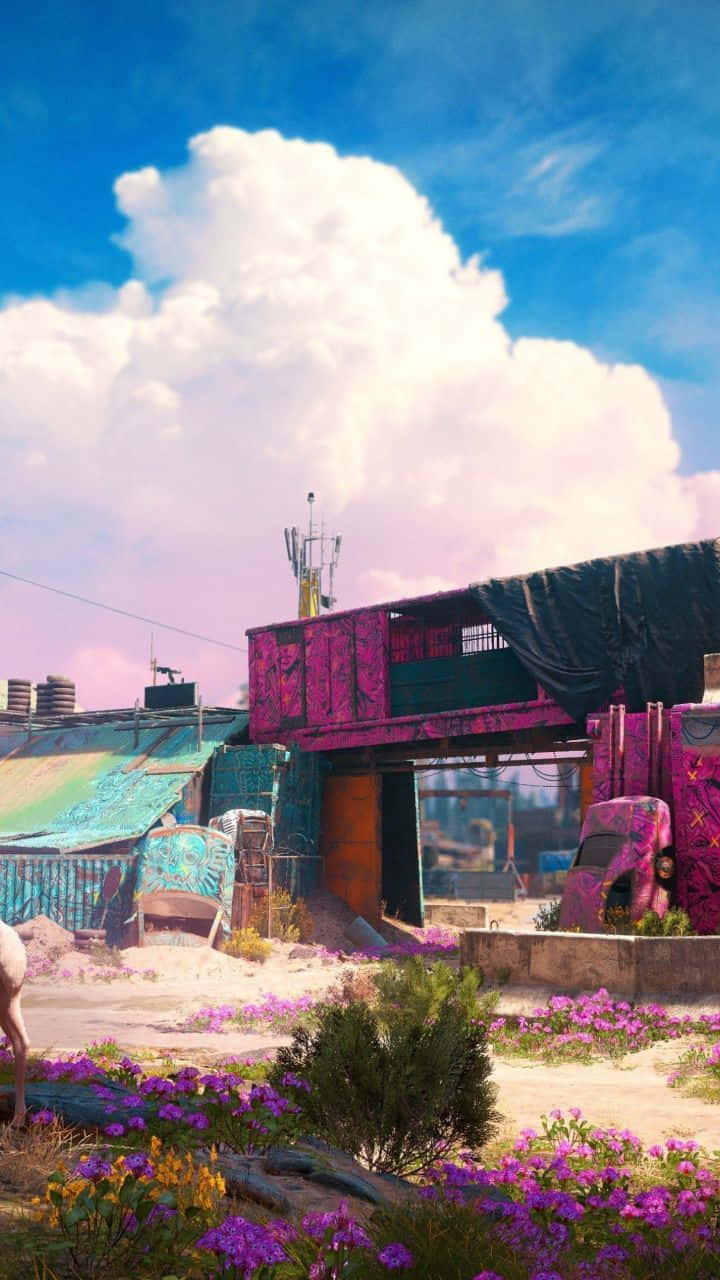 iPhone X Far Cry New Dawn 桌布 壁紙 — 充滿活力的粉紅色和藍綠色貨運集裝箱在晴朗的藍天和蓬鬆的雲朵下形成色彩繽紛的城市廢墟。
