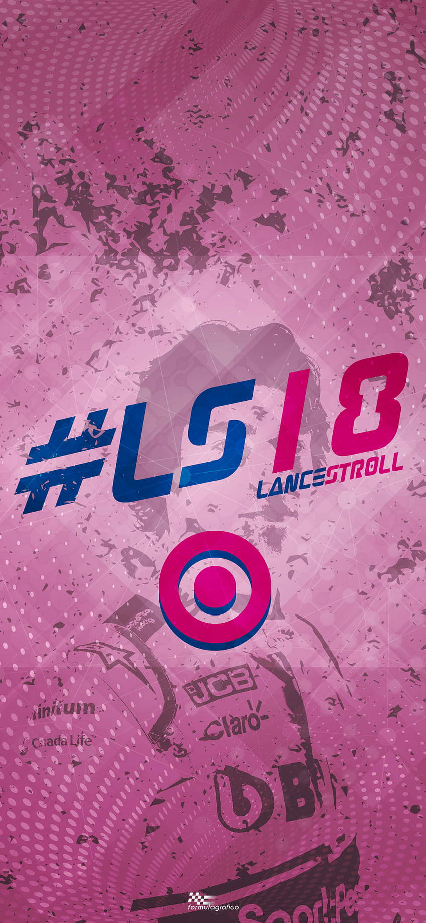 桌布 壁紙 — 充滿活力的粉紅色和藍色圖案壁紙，帶有 #LS18 LanceStroll 賽車品牌標誌以及抽象潑濺和圓點圖案。