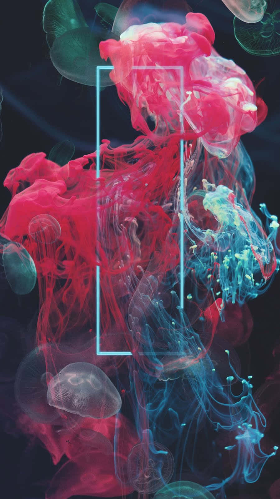 Dope Tumblr iPhone 桌布 壁紙 — 充滿活力的粉紅色和藍色墨水漩渦像發光的水母一樣漂浮在黑暗的背景上，帶有發光的藍色邊框。