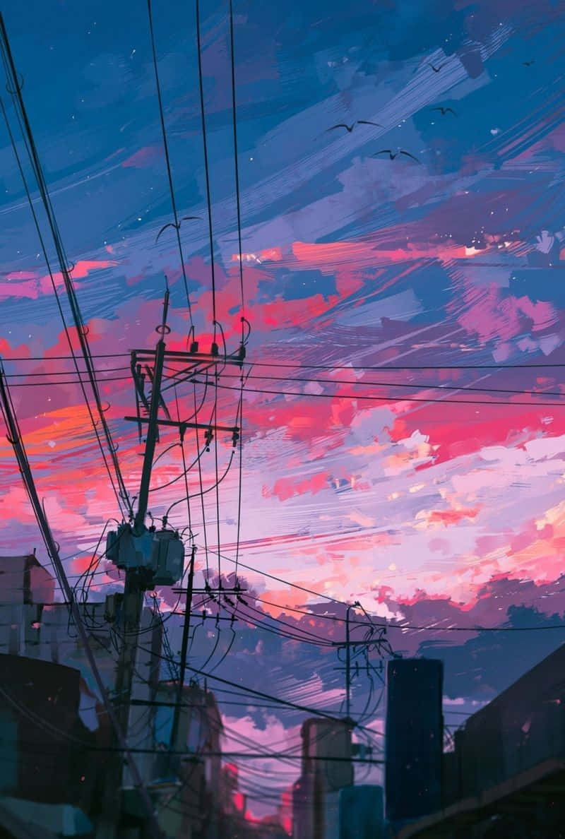 Lo Fi Aesthetic 桌布 壁紙 — 充滿活力的粉紅色和藍色日落天空，鳥兒在纏繞的城市電線和屋頂上空飛翔。