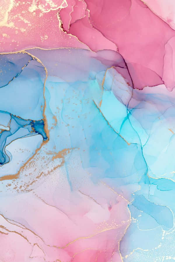 Pink And Blue 桌布 壁紙 — 充滿活力的粉紅色和藍色流體丙烯酸漩渦，搭配金箔點綴，營造出夢幻般的抽象構圖。