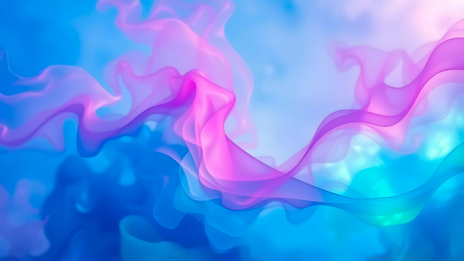 Abstract flowing shapes in shades of blue and pink create a dreamy effect 壁紙 — 充滿活力的粉紅色和藍色煙霧在柔和的漸變背景上優雅地旋轉。