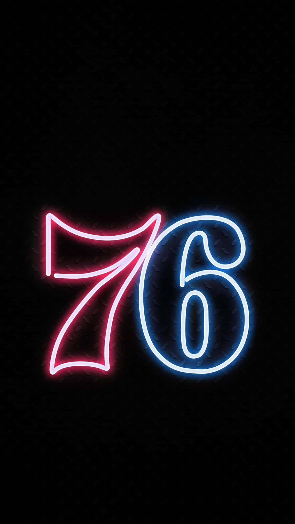 桌布 壁紙 — 充滿活力的粉紅色和藍色霓虹數字 76 在帶有微妙金屬光澤的紋理黑色背景上發光。
