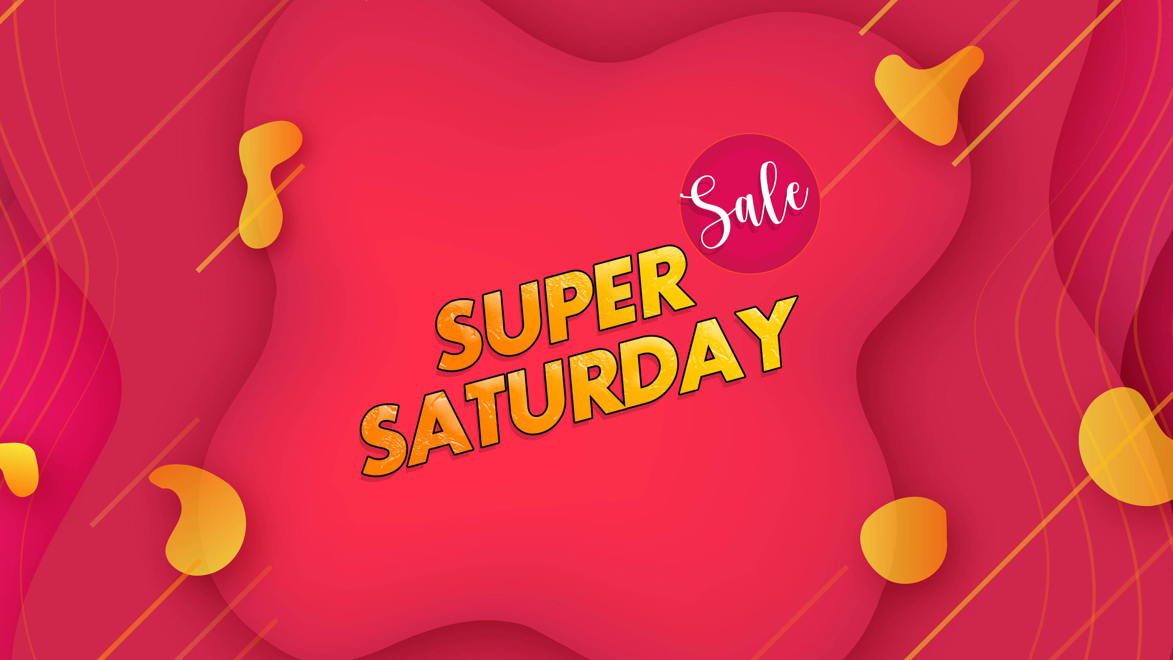 saturday 桌布 壁紙 — 充滿活力的粉紅色和金色抽象形狀框住帶有「Sale」徽章的粗體黃色「SUPER SATURDAY」文字。