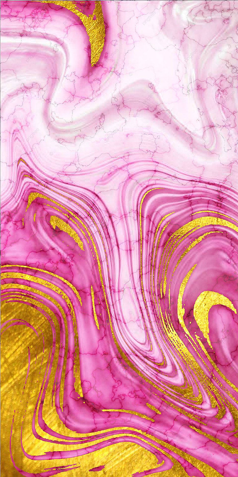 Pink Marble 桌布 壁紙 — 充滿活力的粉紅色和金色漩渦像液體大理石一樣流過畫布，帶有裂紋紋理。