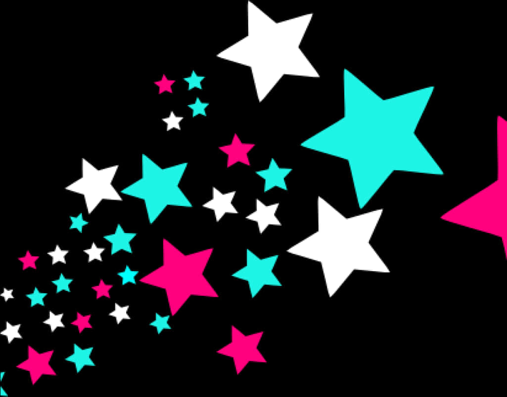 Stars 桌布 壁紙 — 充滿活力的粉紅色和青色星星在黑色背景上以動態的對角線級聯方式劃過。