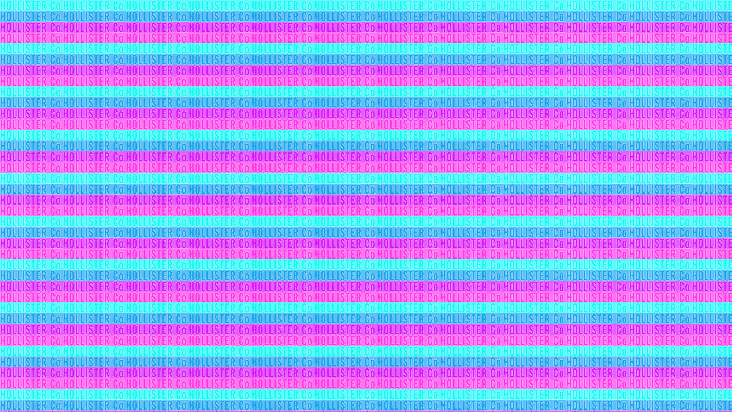Hollister 桌布 壁紙 — 充滿活力的粉紅色和青色水平條紋，以粗體無襯線字體重複填充Hollister Co文字。