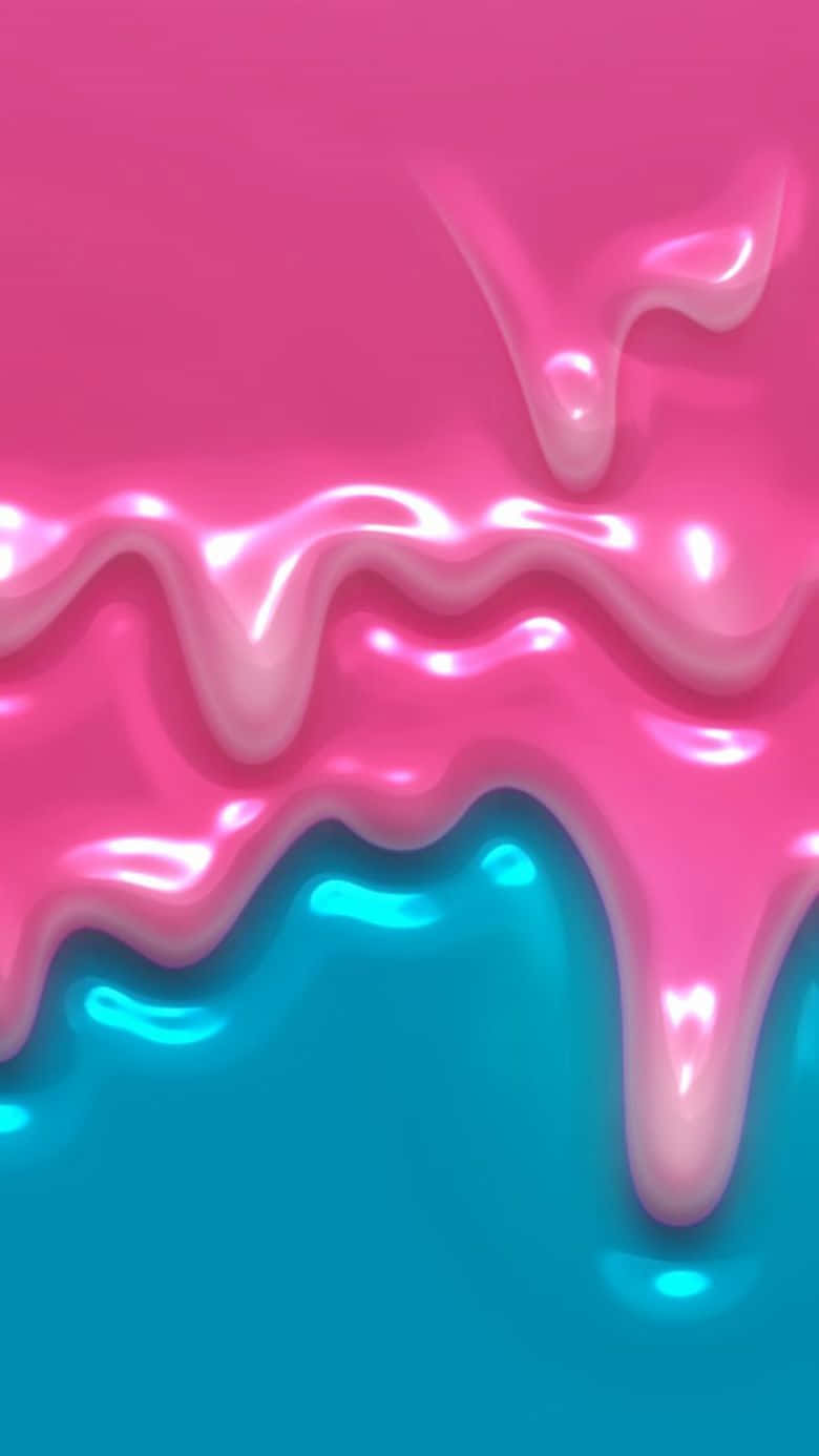 slime 桌布 壁紙 — 充滿活力的粉紅色和青色液體在光澤波浪中流動，創造出超現實的抽象漸變壁紙。