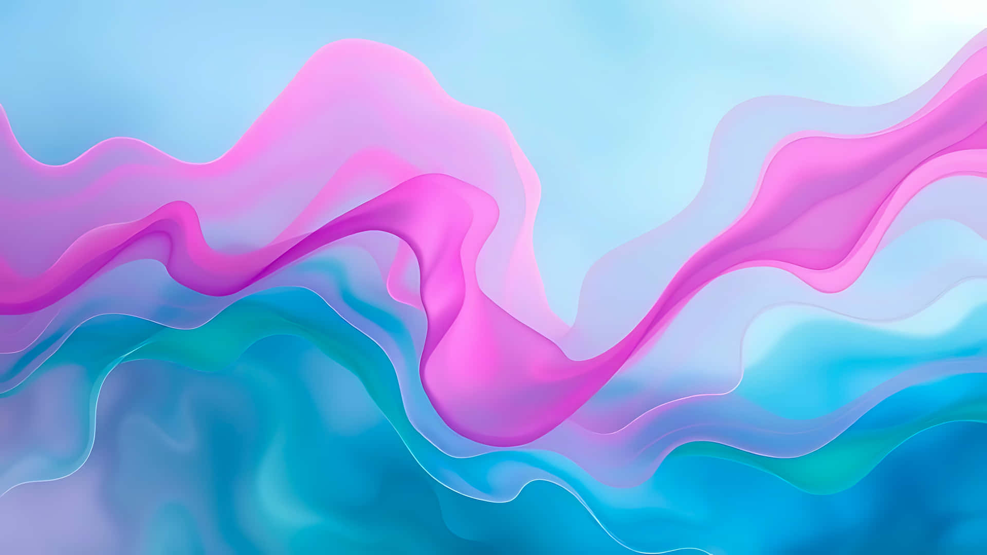 Abstract flowing shapes in pink, purple, teal, and blue tones 壁紙 — 充滿活力的粉紅色和青色液體波浪在柔和的漸變天空背景下優雅地流動。