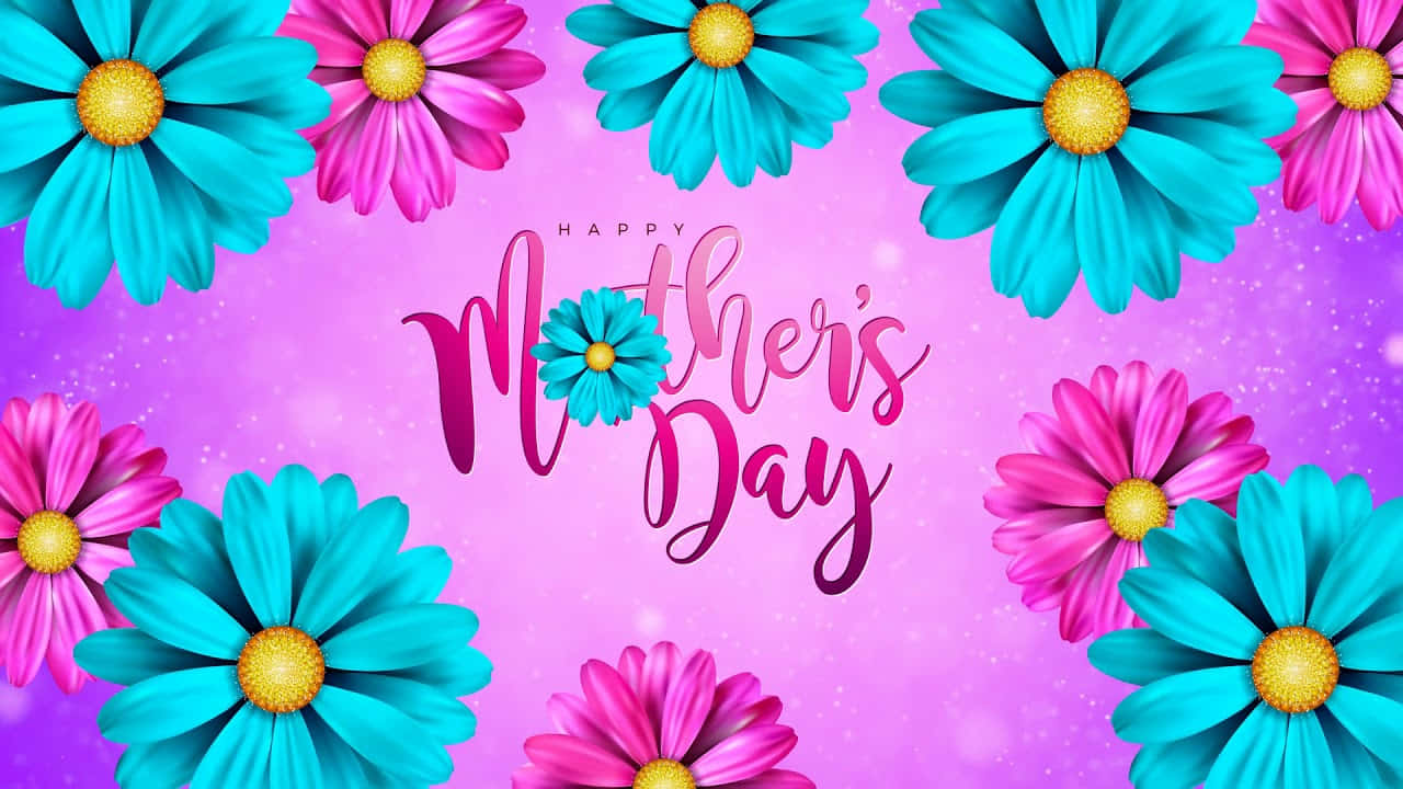 Mothers Day 桌布 壁紙 — 充滿活力的粉紅色和青色雛菊框住閃閃發光的紫色背景，上面有優雅的手寫體母親節文字。