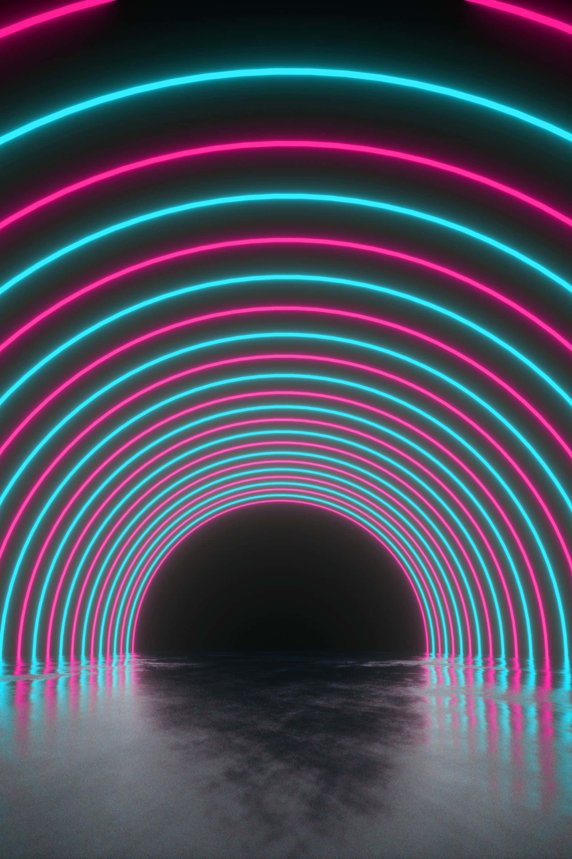 1824x2736 桌布 壁紙 — 充滿活力的粉紅色和青色霓虹弧線形成一條發光的隧道，拱形跨越黑暗未來空間中的反射地板。