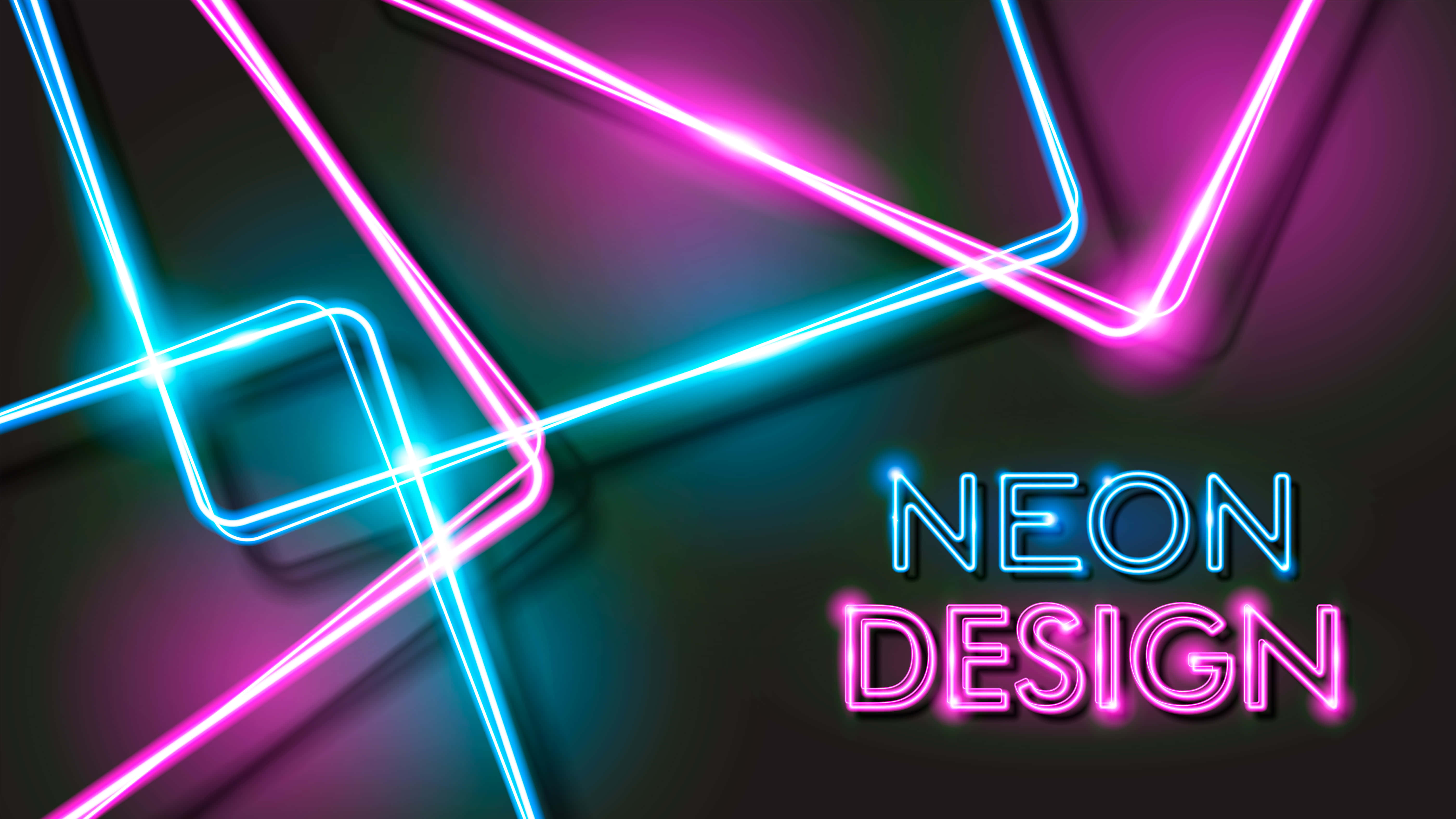 neon sign 桌布 壁紙 — 充滿活力的粉紅色和青色霓虹燈管在深色背景上形成發光的幾何圖案，並帶有「NEON DESIGN」文字。