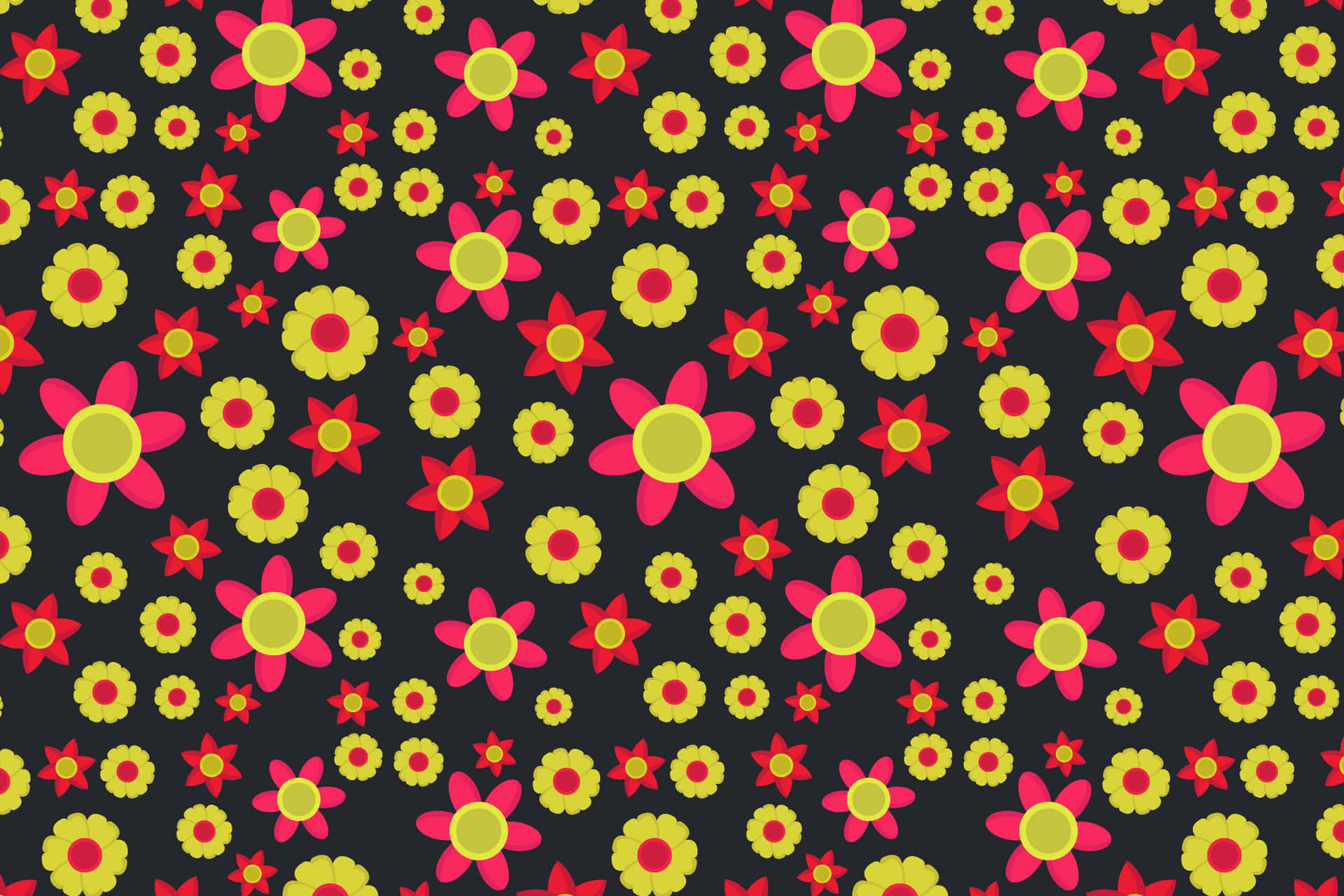 Flower pattern 壁紙 — 充滿活力的粉紅色和黃色風格化花朵，帶有紅色中心，在深炭灰色背景上以俏皮圖案重複。