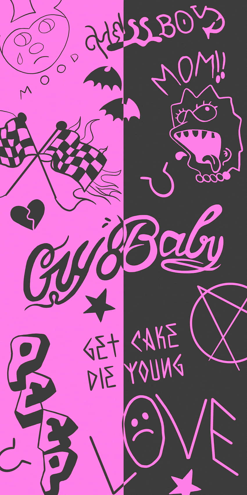 lil peep 動態圖 桌布 壁紙 — 充滿活力的粉紅色和黑色分割壁紙，帶有混亂的塗鴉風格文字和符號，如蝙蝠、棋盤旗和憤怒的臉。