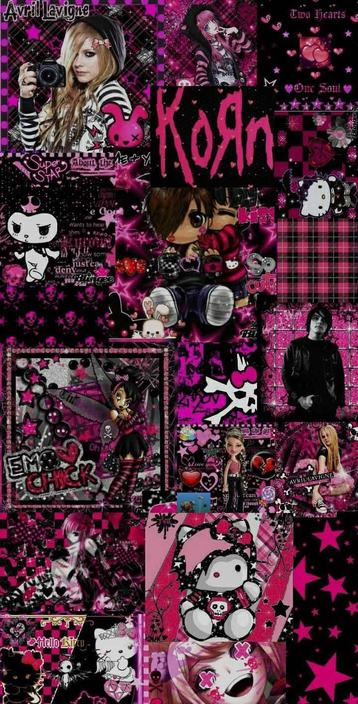 Goth Aesthetic 桌布 壁紙 — 充滿活力的粉紅色和黑色拼貼壁紙，以流行文化圖標、動漫角色和樂隊標誌為特色，風格混亂而年輕。