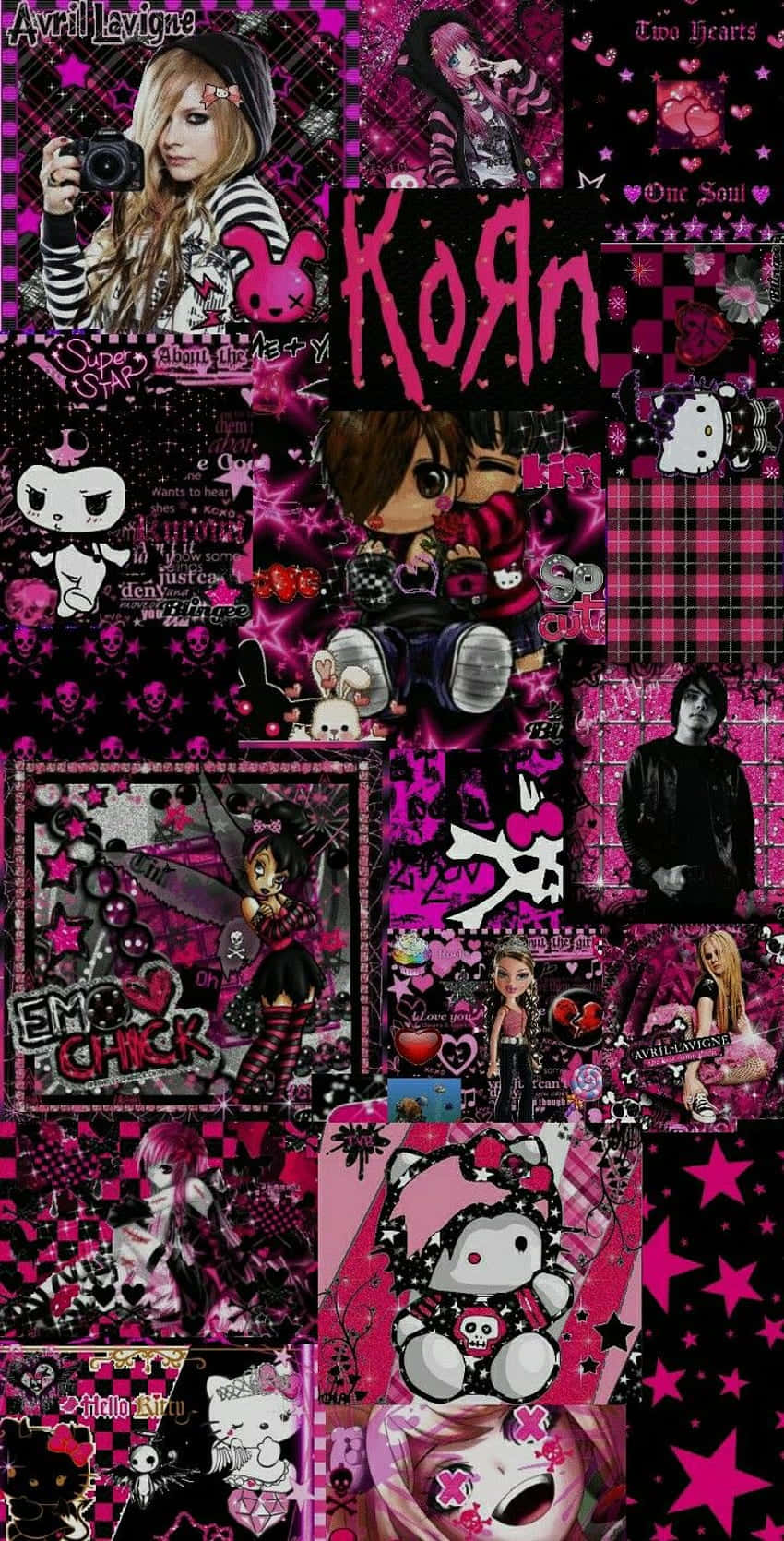 Emo Hello Kitty 桌布 壁紙 — 充滿活力的粉紅色和黑色拼貼壁紙，以流行文化圖標、動漫角色和樂隊標誌為特色，風格混亂而年輕。