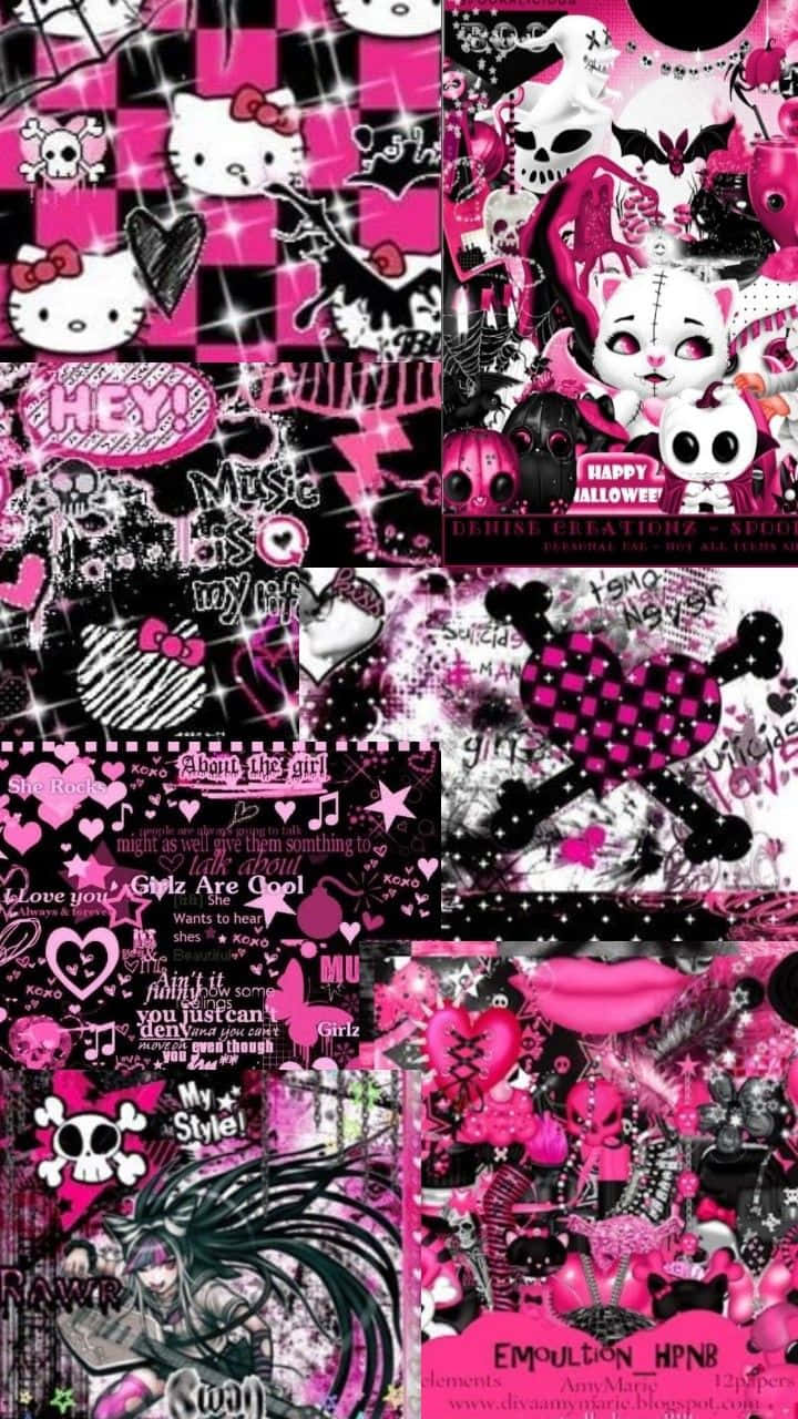 Emo Hello Kitty 桌布 壁紙 — 充滿活力的粉紅色和黑色拼貼畫，以Hello Kitty頭骨、蝙蝠、心形和塗鴉文字為特色，呈現混亂的龐克哥德風格。
