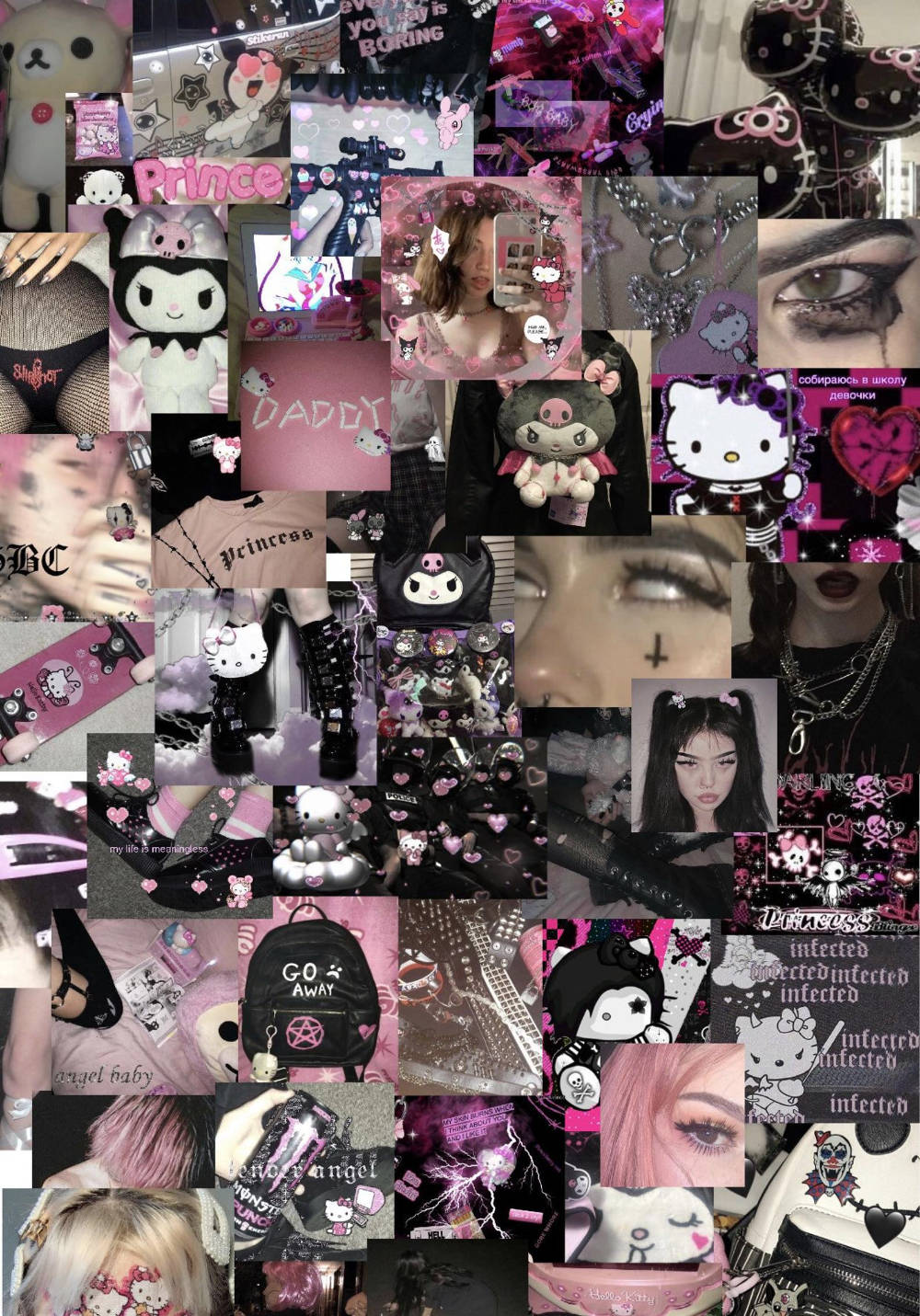 E Girl 美學 桌布 壁紙 — 充滿活力的粉紅色和黑色拼貼畫，包含Hello Kitty商品、哥德式美學和年輕流行文化元素。