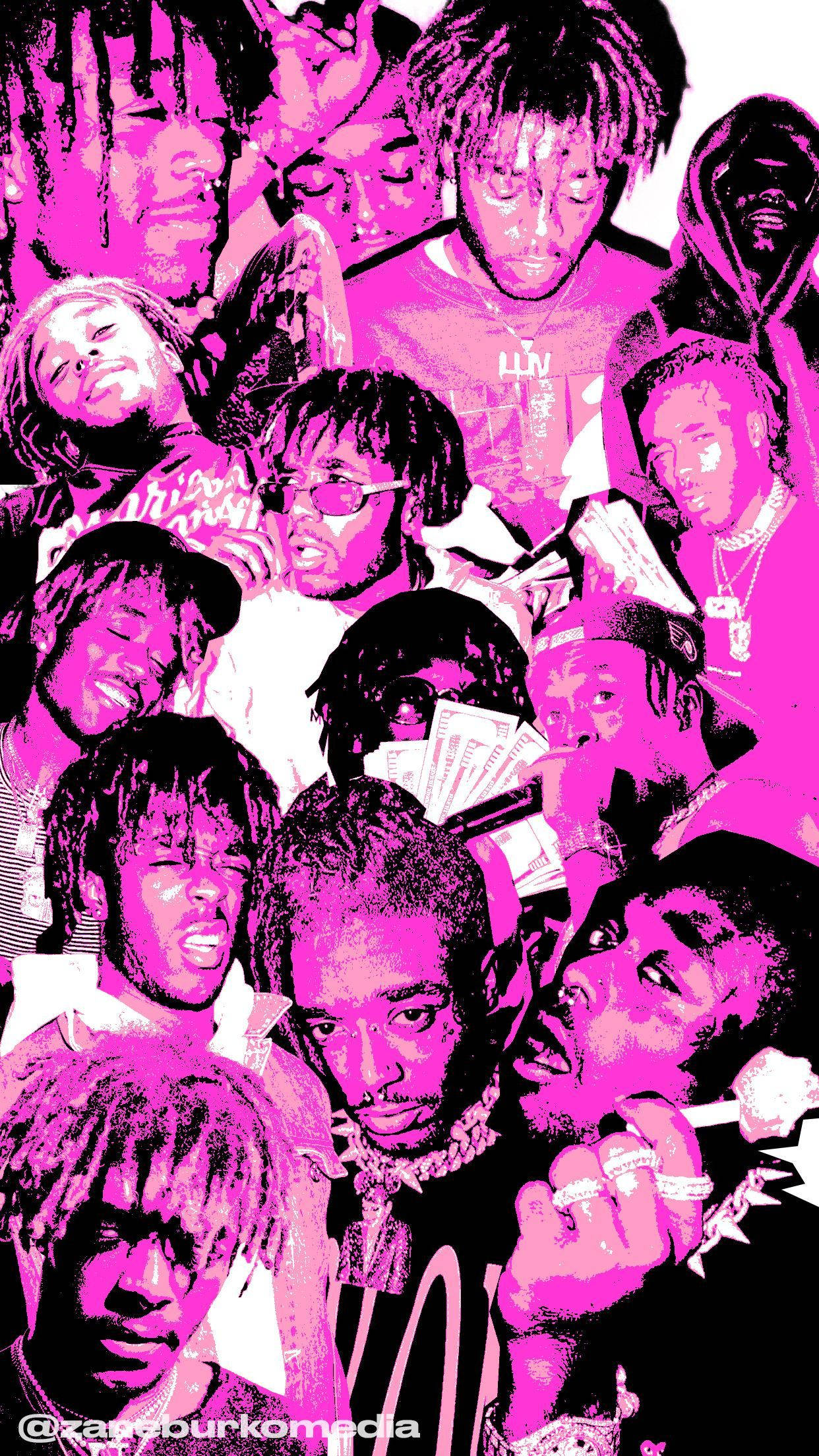 Lil Uzi Desktop 桌布 壁紙 — 充滿活力的粉紅色和黑色拼貼畫，多位饒舌歌手以富有表現力的姿勢和鮮明的圖形風格呈現。