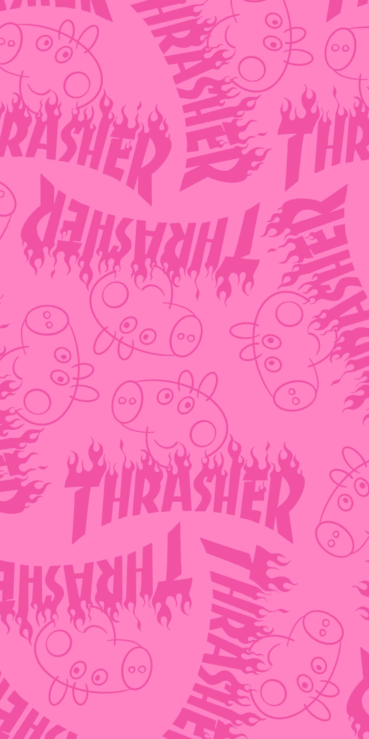 Thrasher 桌布 壁紙 — 充滿活力的粉紅色壁紙，以重複的卡通豬臉和燃燒的THRASHER標誌為特色，採用大膽的圖案設計。
