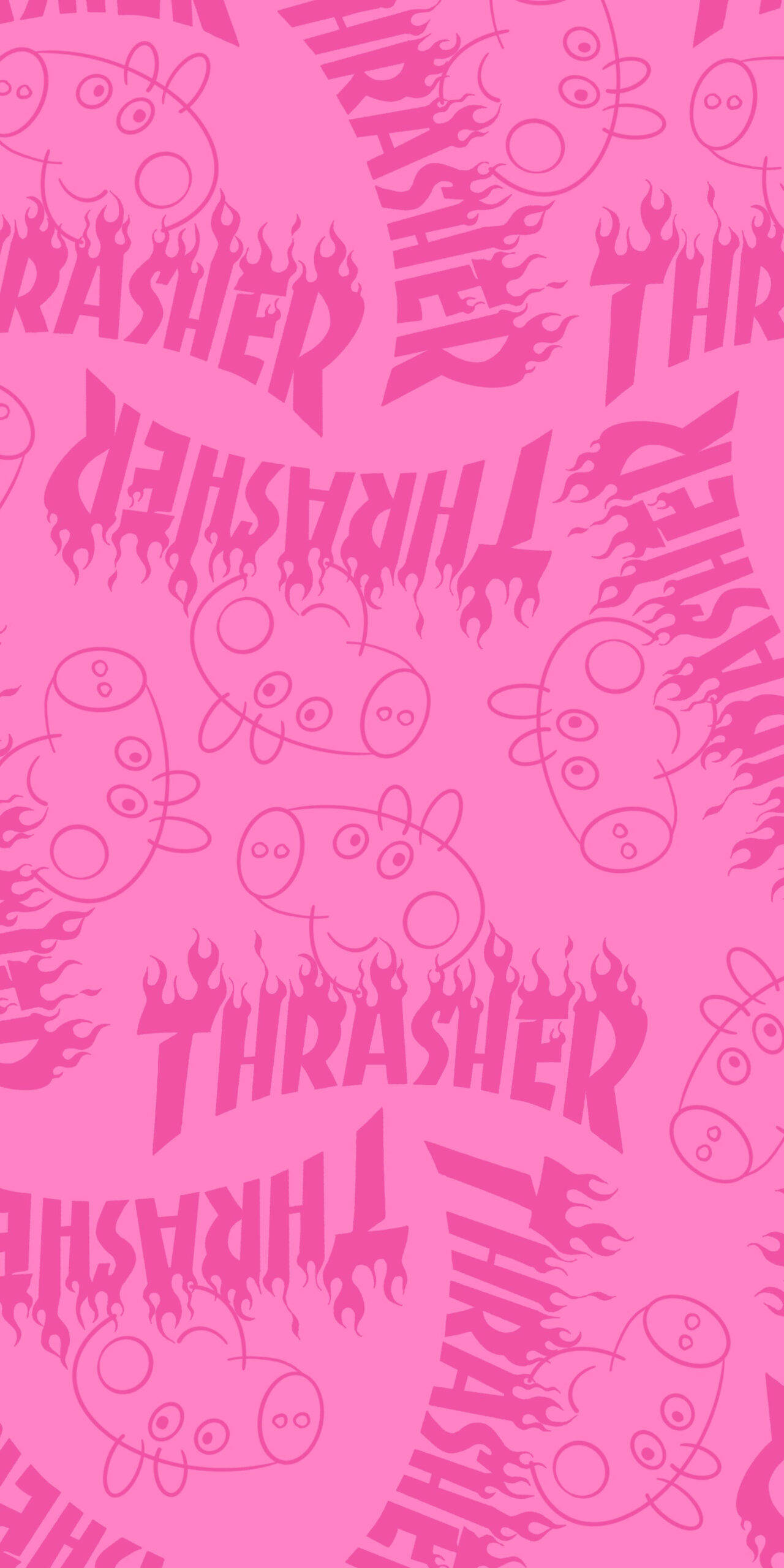 Thrasher 桌布 壁紙 — 充滿活力的粉紅色壁紙，以重複的卡通豬臉和燃燒的THRASHER標誌為特色，採用大膽的圖形風格。